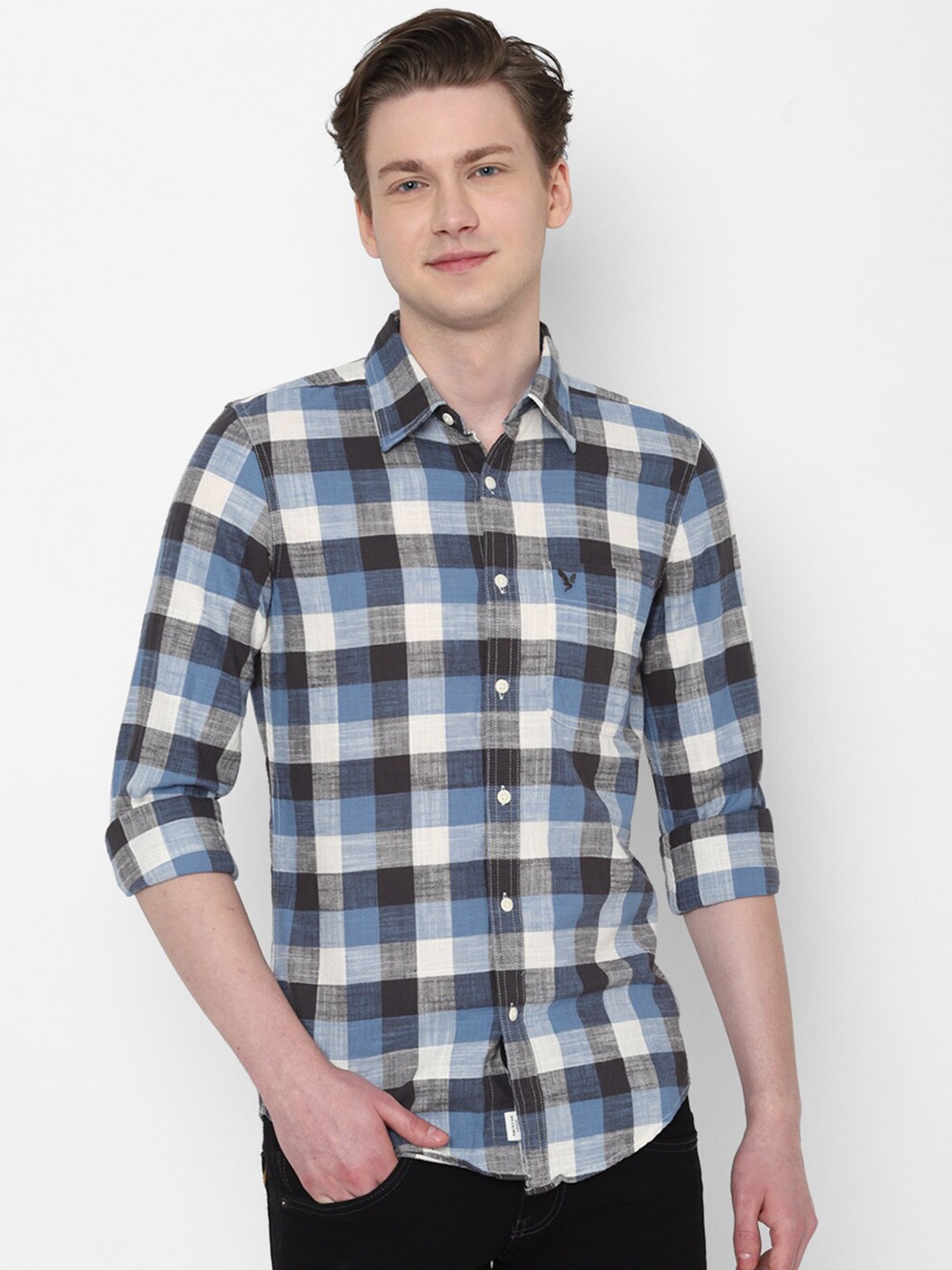 

AMERICAN EAGLE OUTFITTERS Slim Fit Checked Pure Cotton Casual Shirt, Blue