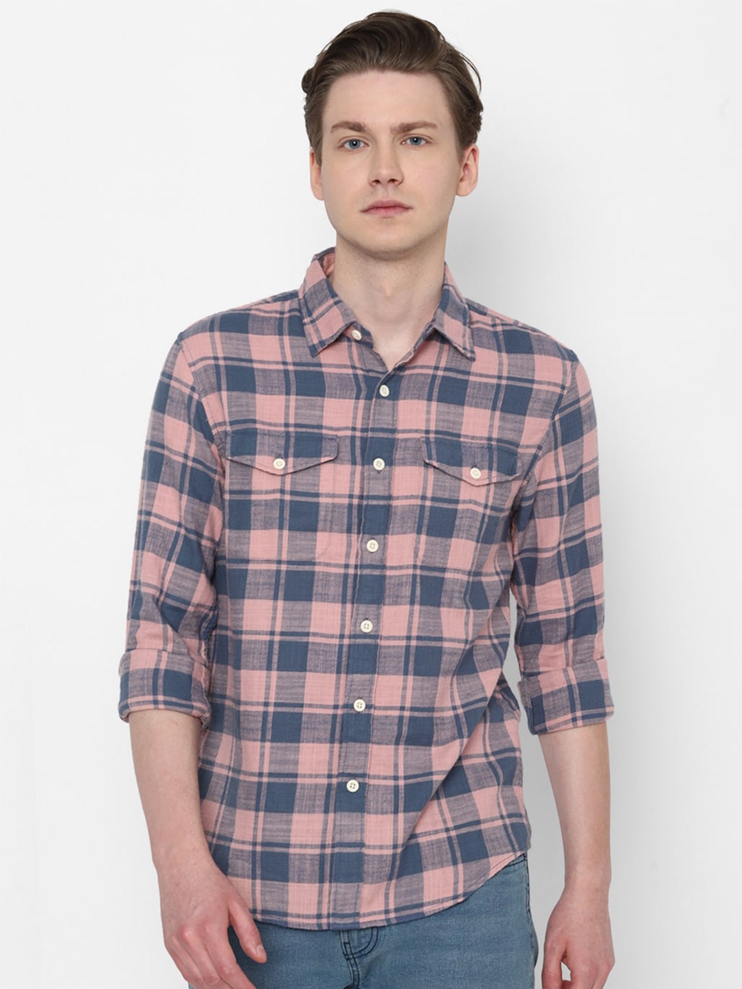 

AMERICAN EAGLE OUTFITTERS Slim Fit Tartan Checked Pure Cotton Casual Shirt, Pink