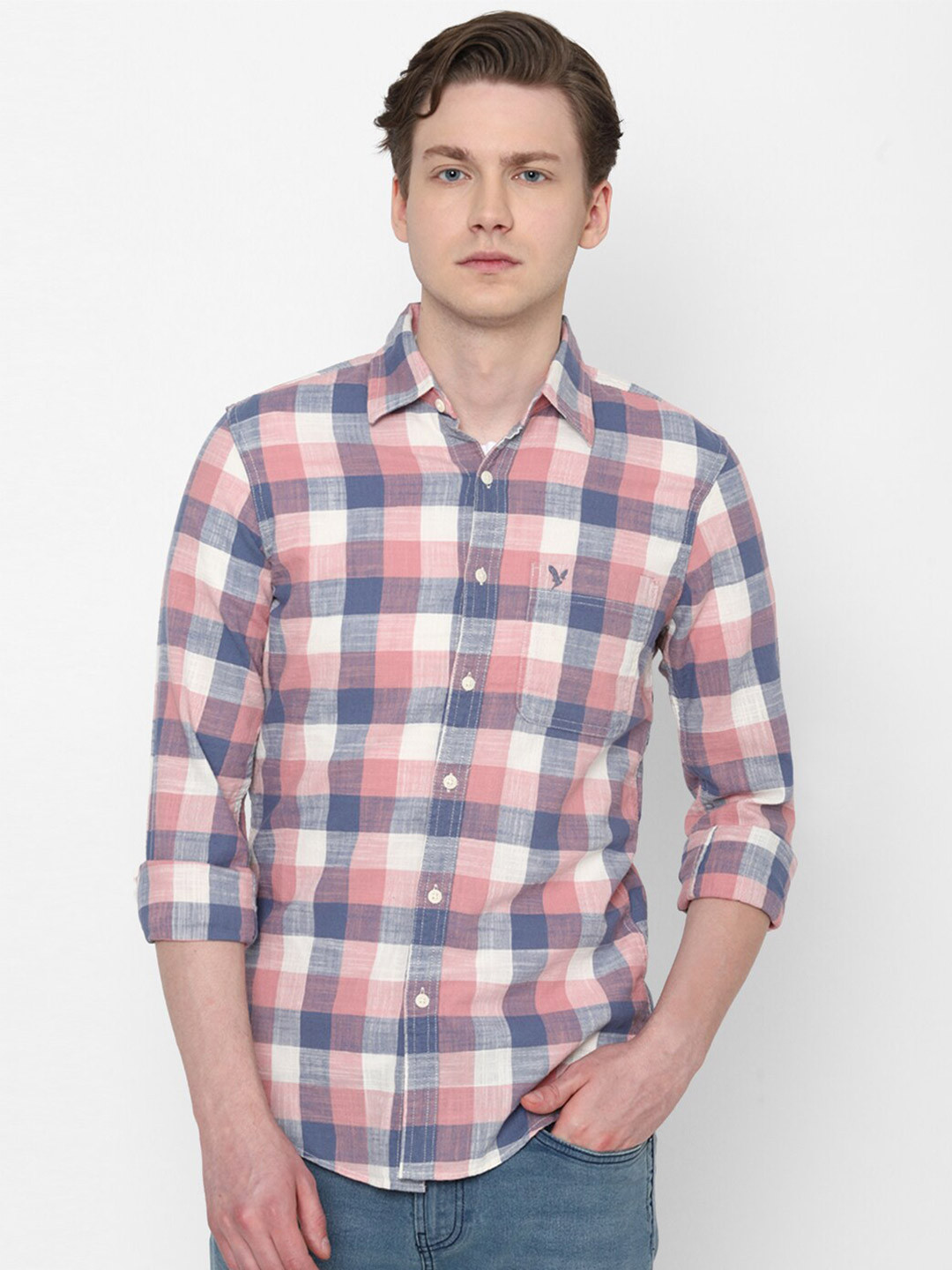 

AMERICAN EAGLE OUTFITTERS Slim Fit Checked Pure Cotton Casual Shirt, Pink
