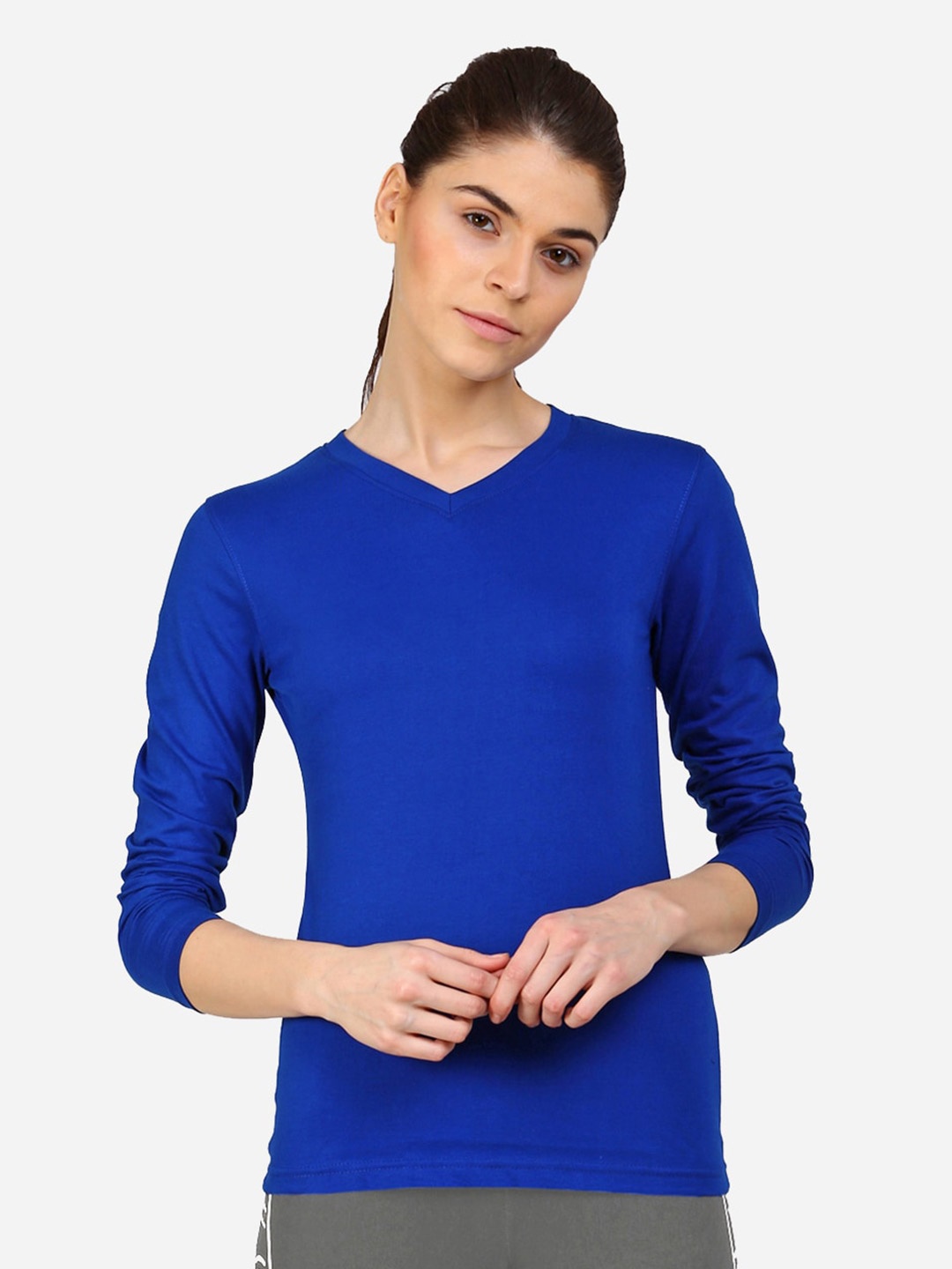 appulse V-Neck Long Sleeves Cotton Slim Fit Sports T-shirt, Blue