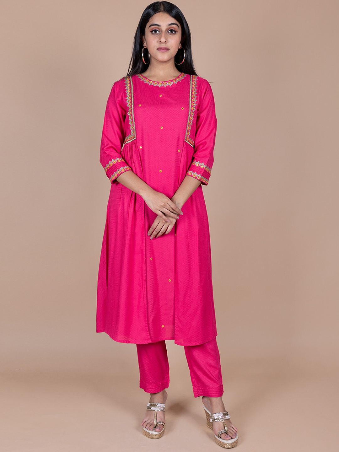 

HERE&NOW Ethnic Motifs Embroidered Mirror Work Kurta with Trousers, Pink
