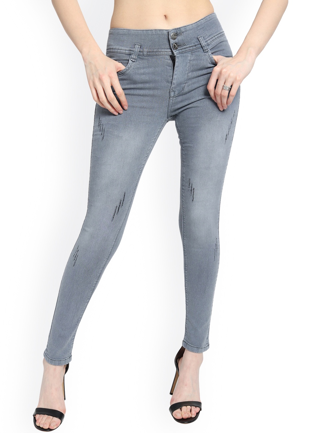 

TYFFYN Women High-Rise Low Distress Light Fade Slim Fit Stretchable Jeans, Grey