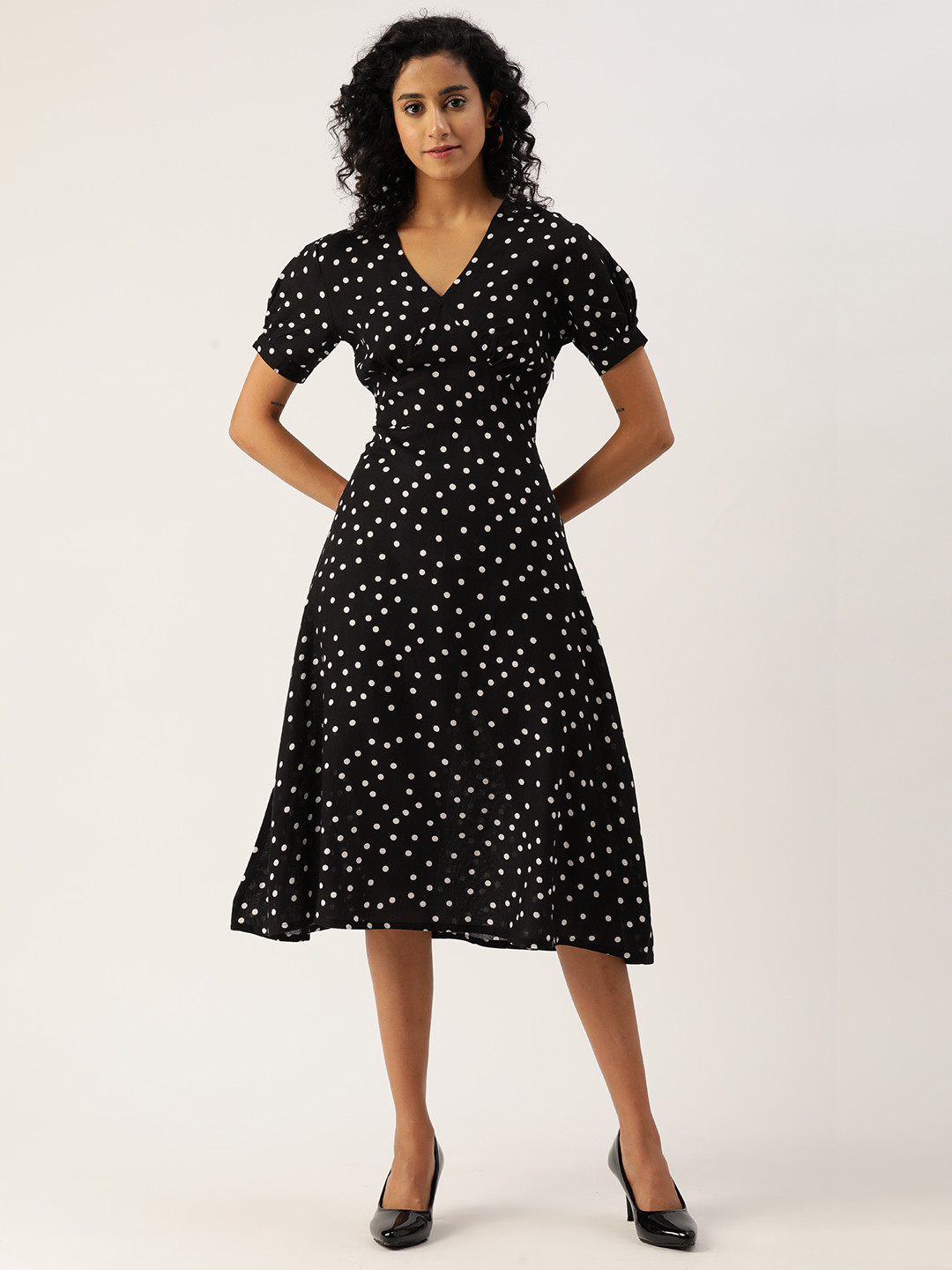 

Alsace Lorraine Paris Polka Dot Print Puff Sleeve A-Line Midi Dress, Black