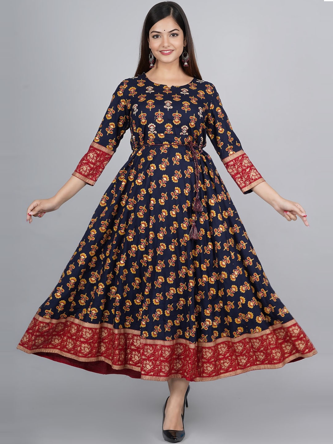 

KALINI Floral Printed Fit & Flare Ethnic Dress, Navy blue