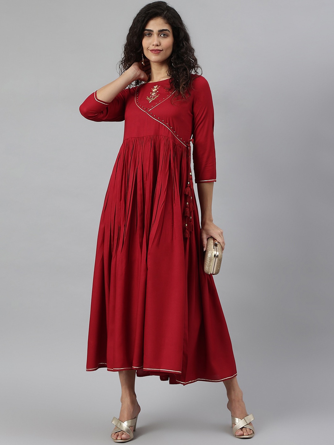 

KALINI Floral Embroidered Sequined Boat Neck Wrap Ethnic Dress, Red