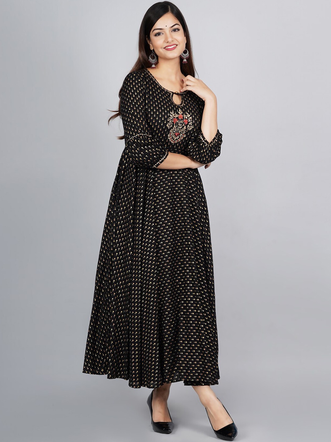 

KALINI Ethnic Motifs Printed Embroidered Fit & Flare Midi Ethnic Dress, Black