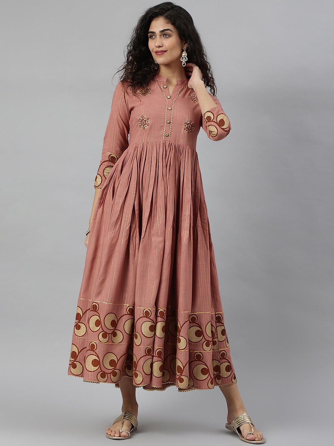 

KALINI Printed Mandarin Collar Embroidered Cotton Ethnic Dress, Rust