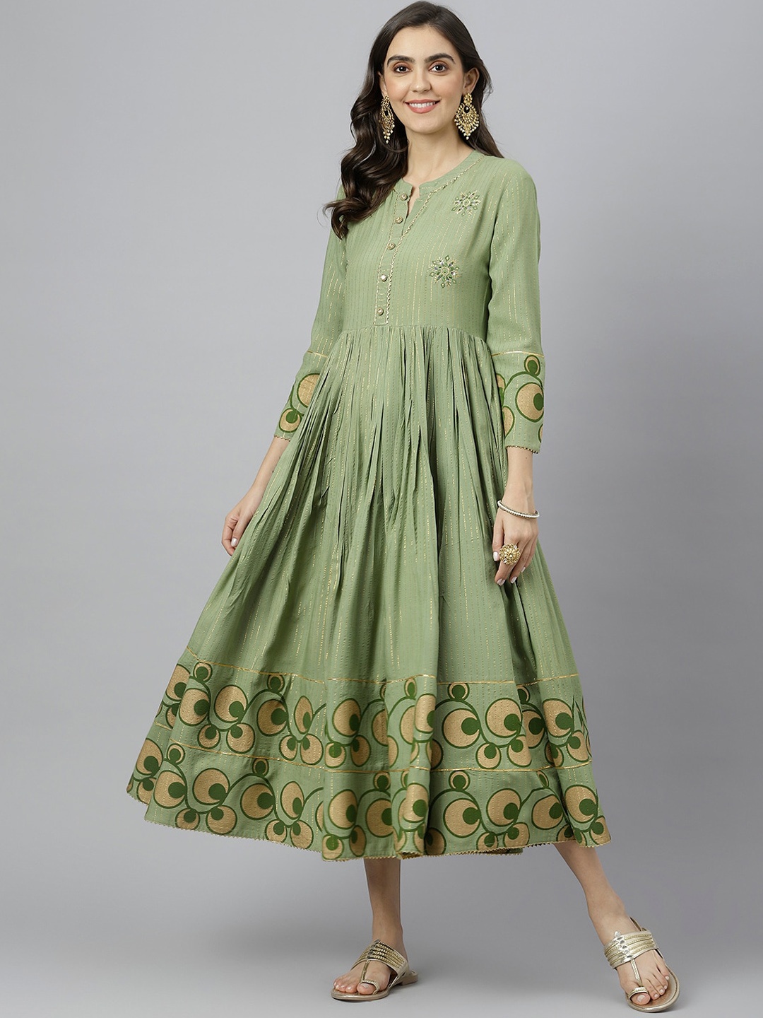 

KALINI Ethnic Motifs Printed Embellished Fit & Flare Midi Ethnic Dress, Olive