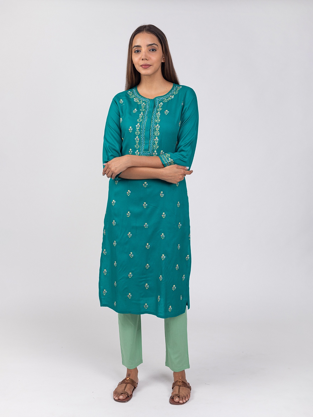 

HERE&NOW Green & Blue Floral Embroidered Straight Kurta
