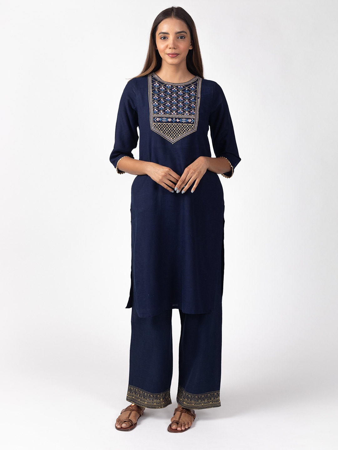 

HERE&NOW Navy Blue & Pink Ethnic Motifs Embroidered Straight Kurta