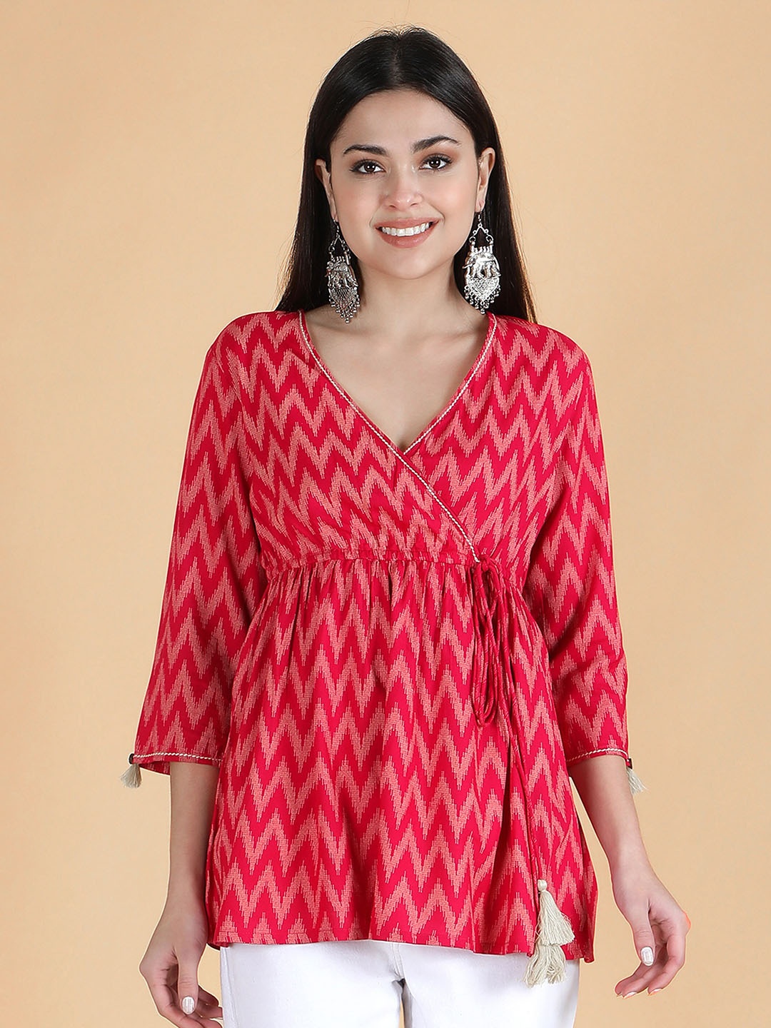 

HERE&NOW Red & White Geometric Printed V-Neck Angrakha Short Kurti
