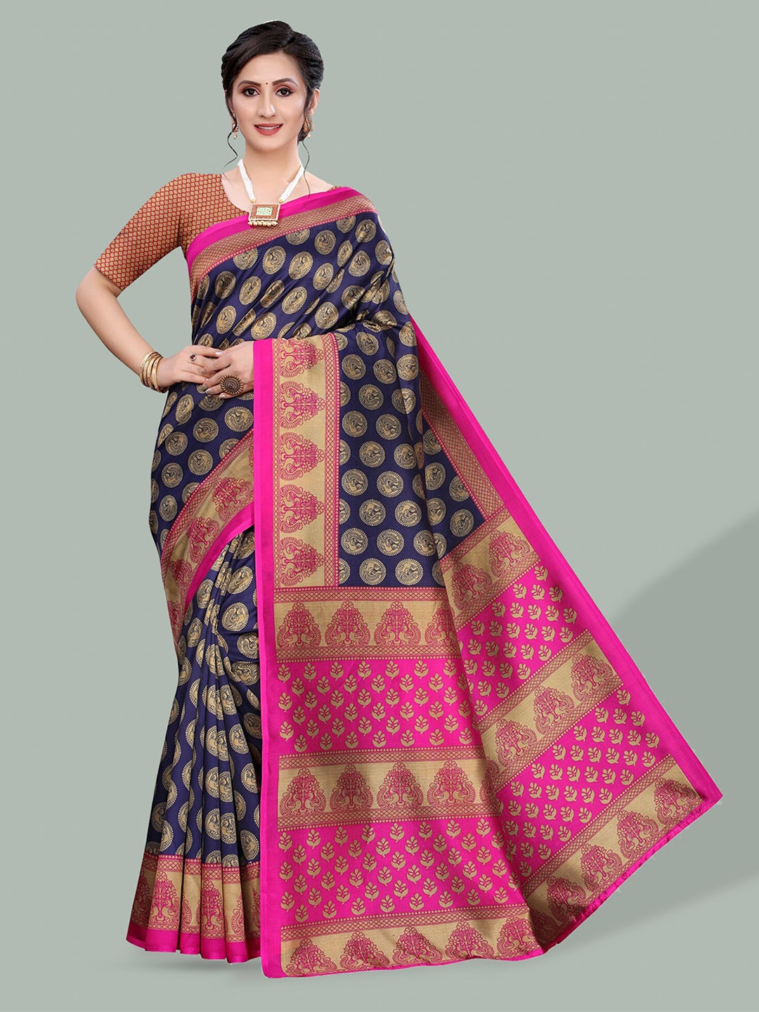 

Poshyaa Ethnic Printed Mysore Silk Saree, Blue