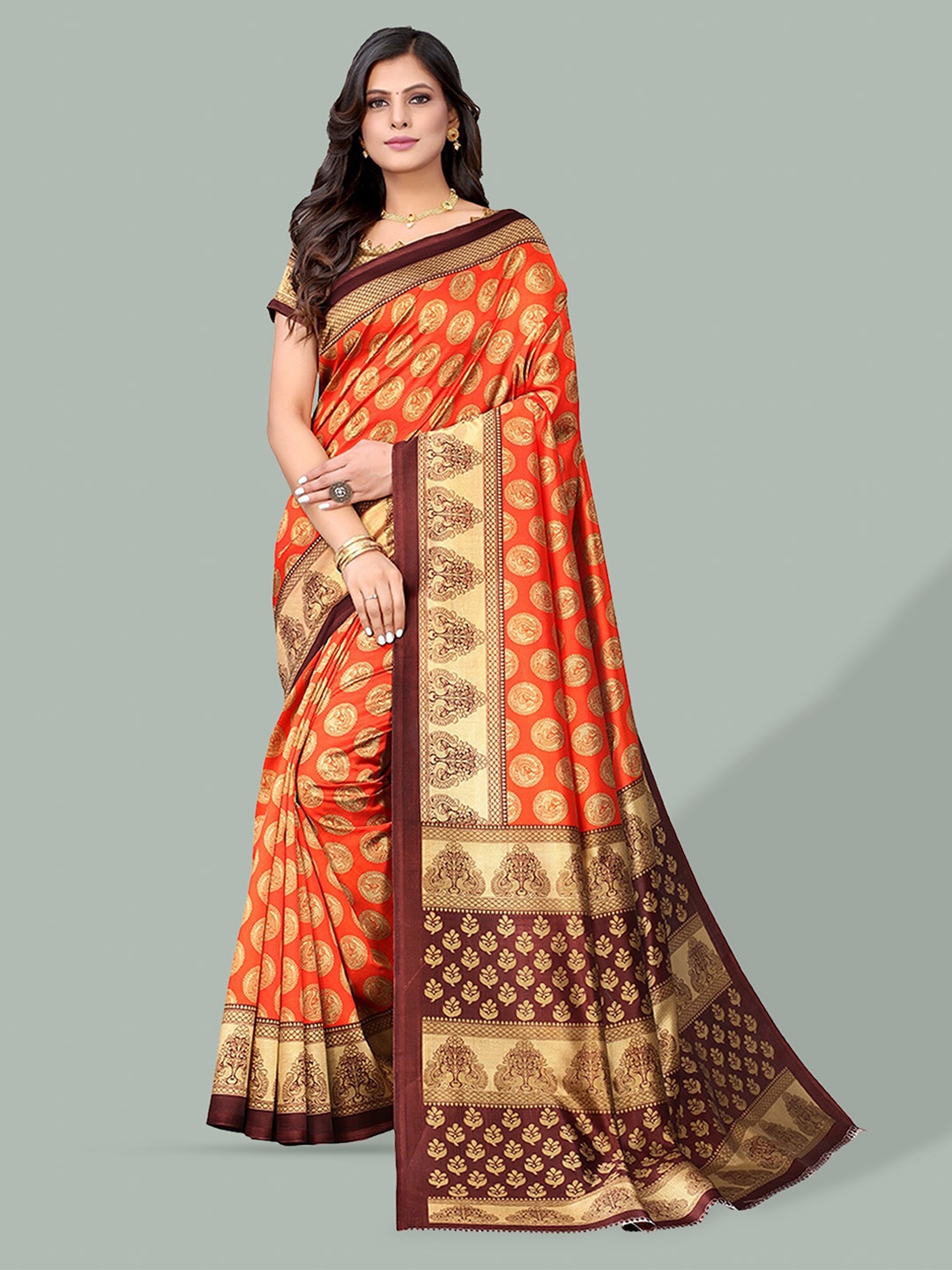 

Poshyaa Ethnic Printed Mysore Silk Saree, Orange