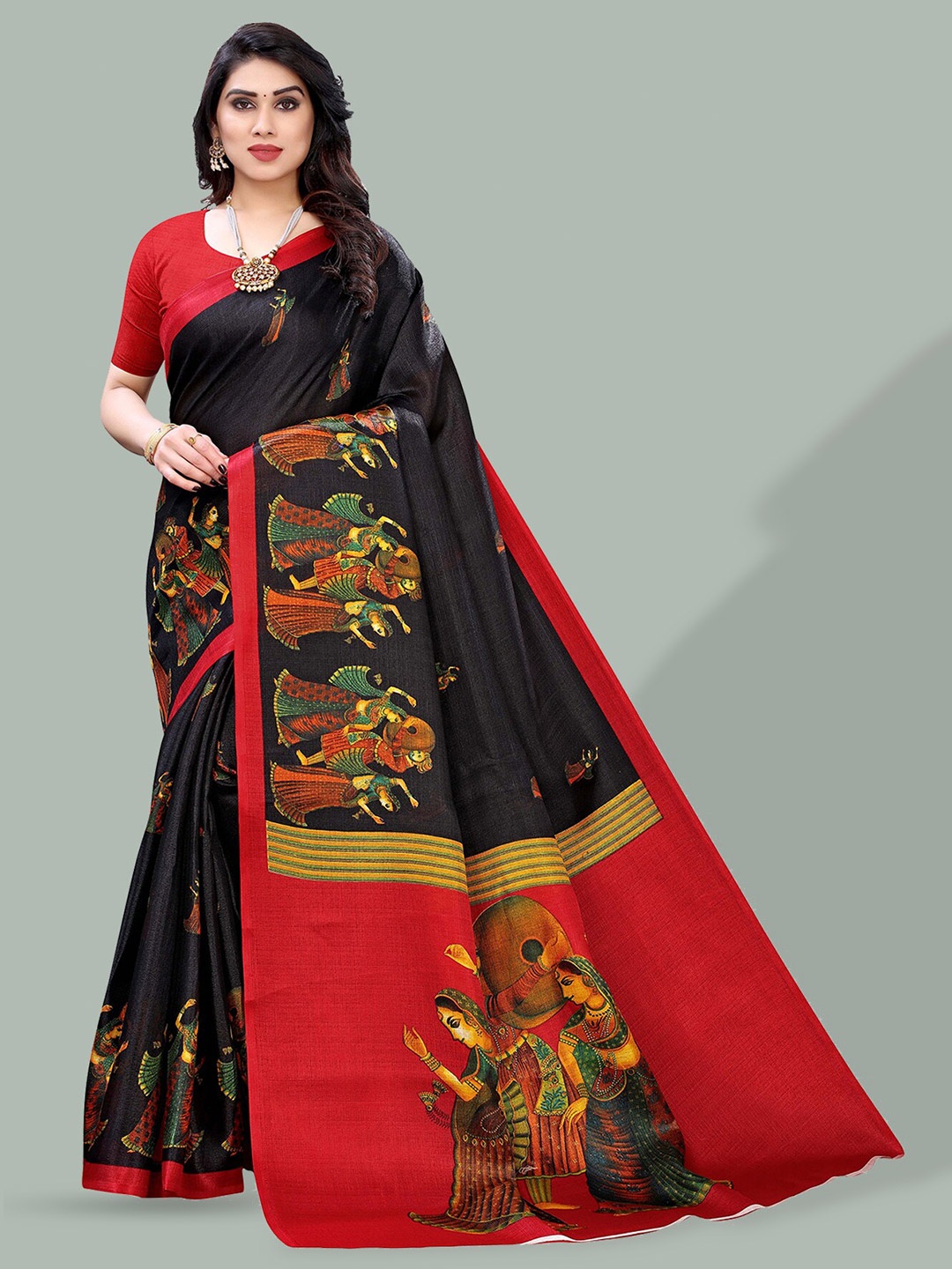 

Poshyaa Ethnic Printed Mysore Silk Saree, Black