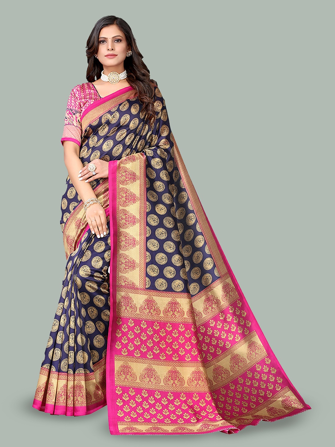 

Poshyaa Ethnic Printe Mysore Silk Saree, Blue