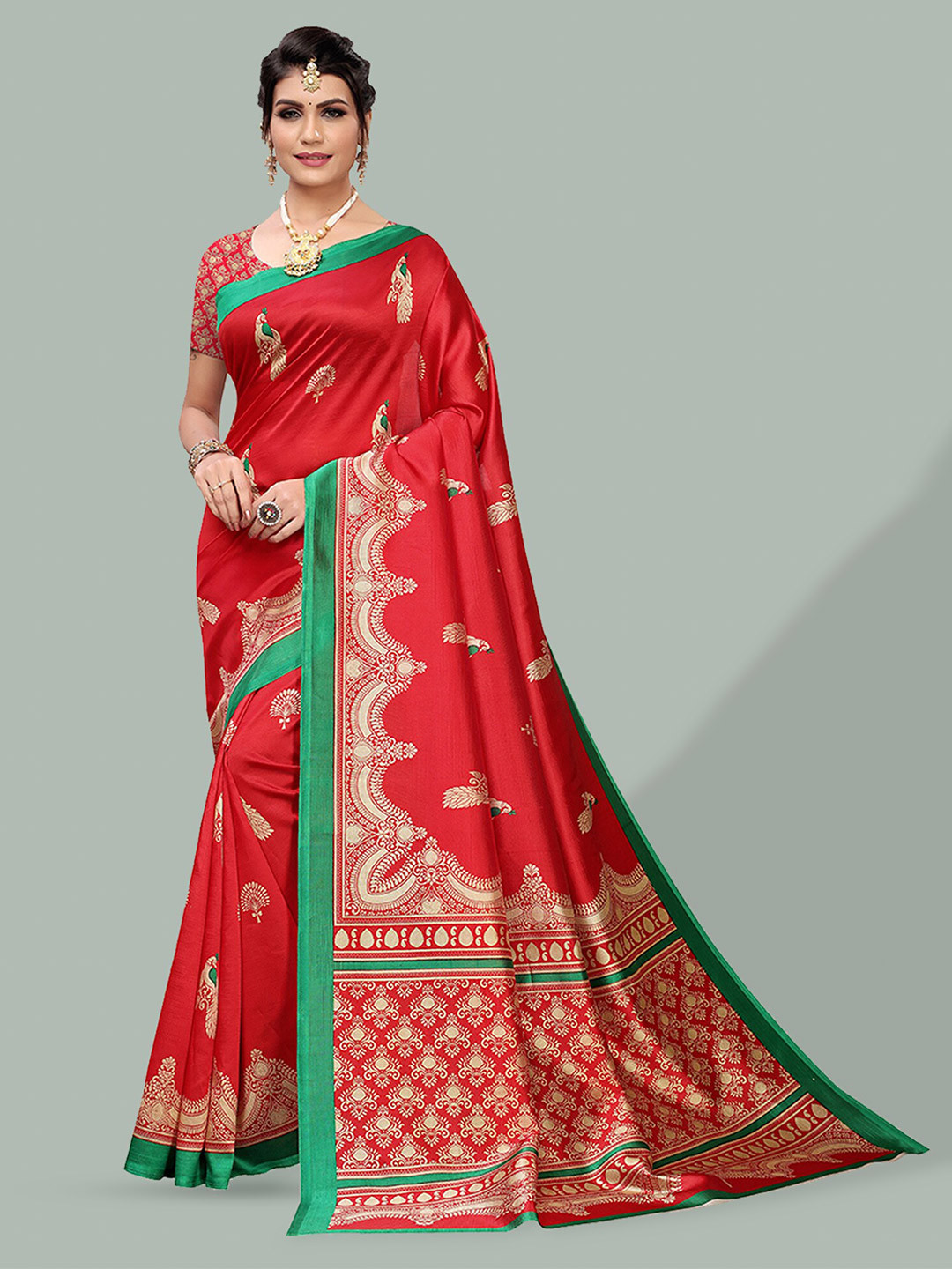 

Poshyaa Ethnic Motifs Printed Mysore Silk Saree, Red