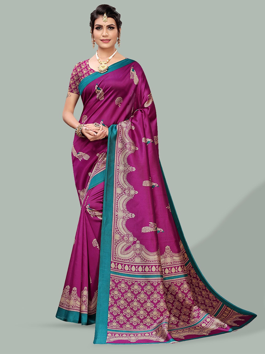 

Poshyaa Ethnic Printed Mysore Silk Saree, Purple