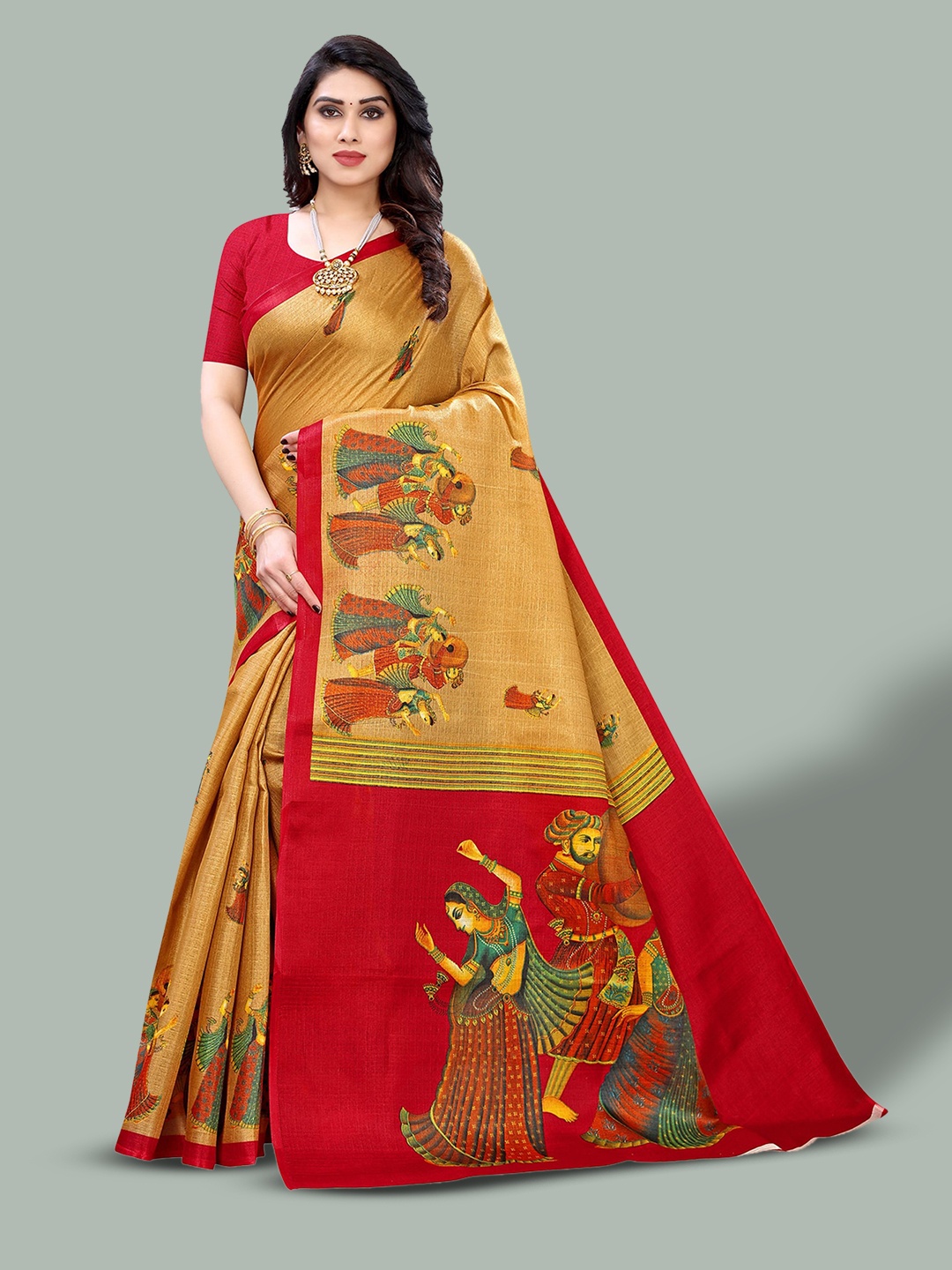 

Poshyaa Ethnic Printed Mysore Silk Saree, Mustard
