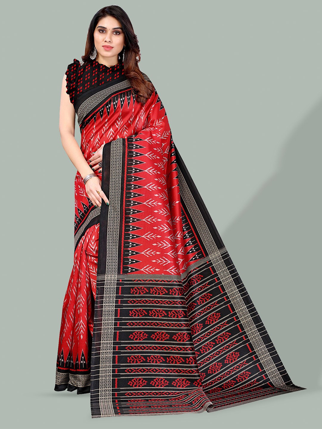 

Poshyaa Floral Printed Mysore Silk Saree, Red