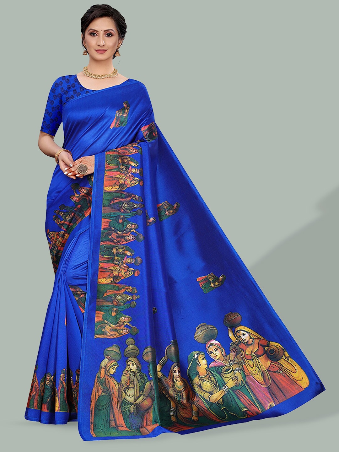 

Poshyaa Ethnic Printed Mysore Silk Saree, Navy blue