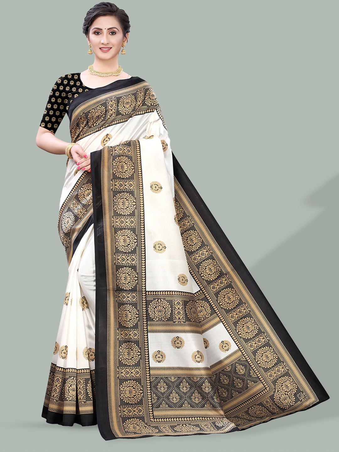 

Poshyaa Ethnic Printed Mysore Silk Saree, White
