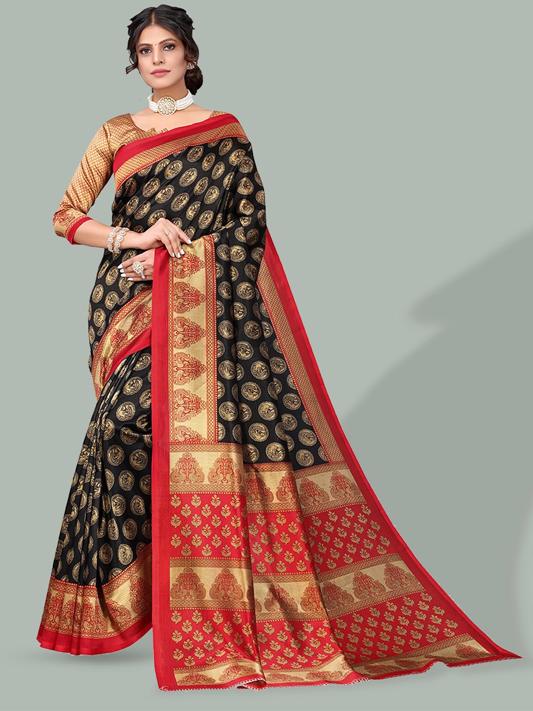 

Poshyaa Ethnic Printed Mysore Silk Saree, Black