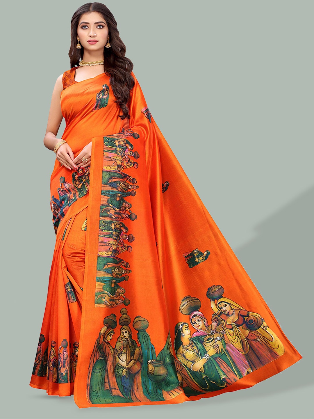 

Poshyaa Ethnic Motifs Printed Mysore Silk Saree, Orange