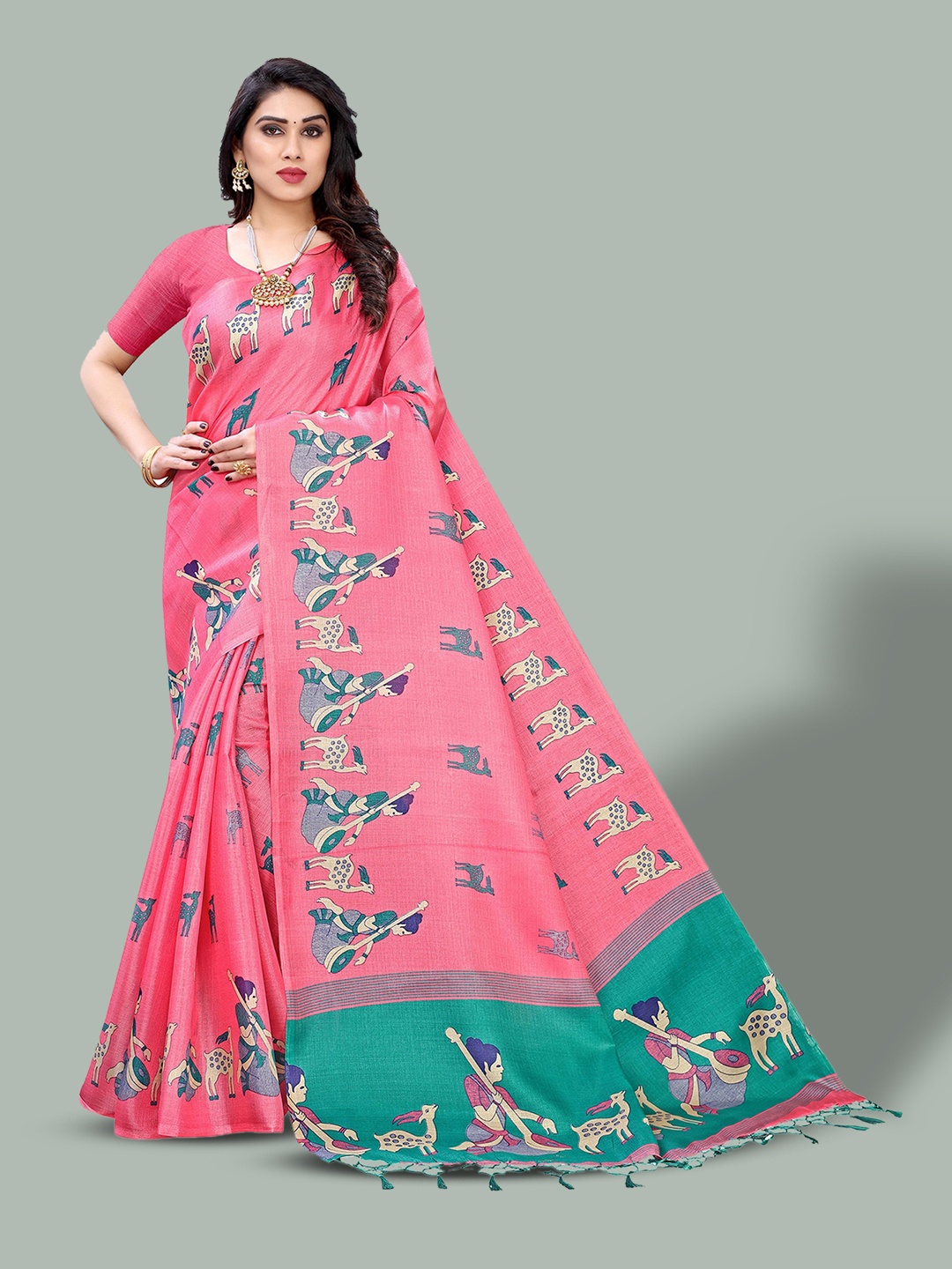 

Poshyaa Ethnic Printed Mysore Silk Saree, Pink