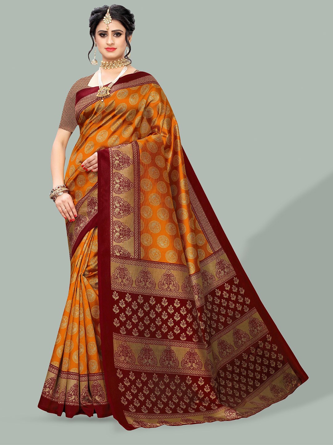 

Poshyaa Ethnic Printed Mysore Silk Saree, Orange