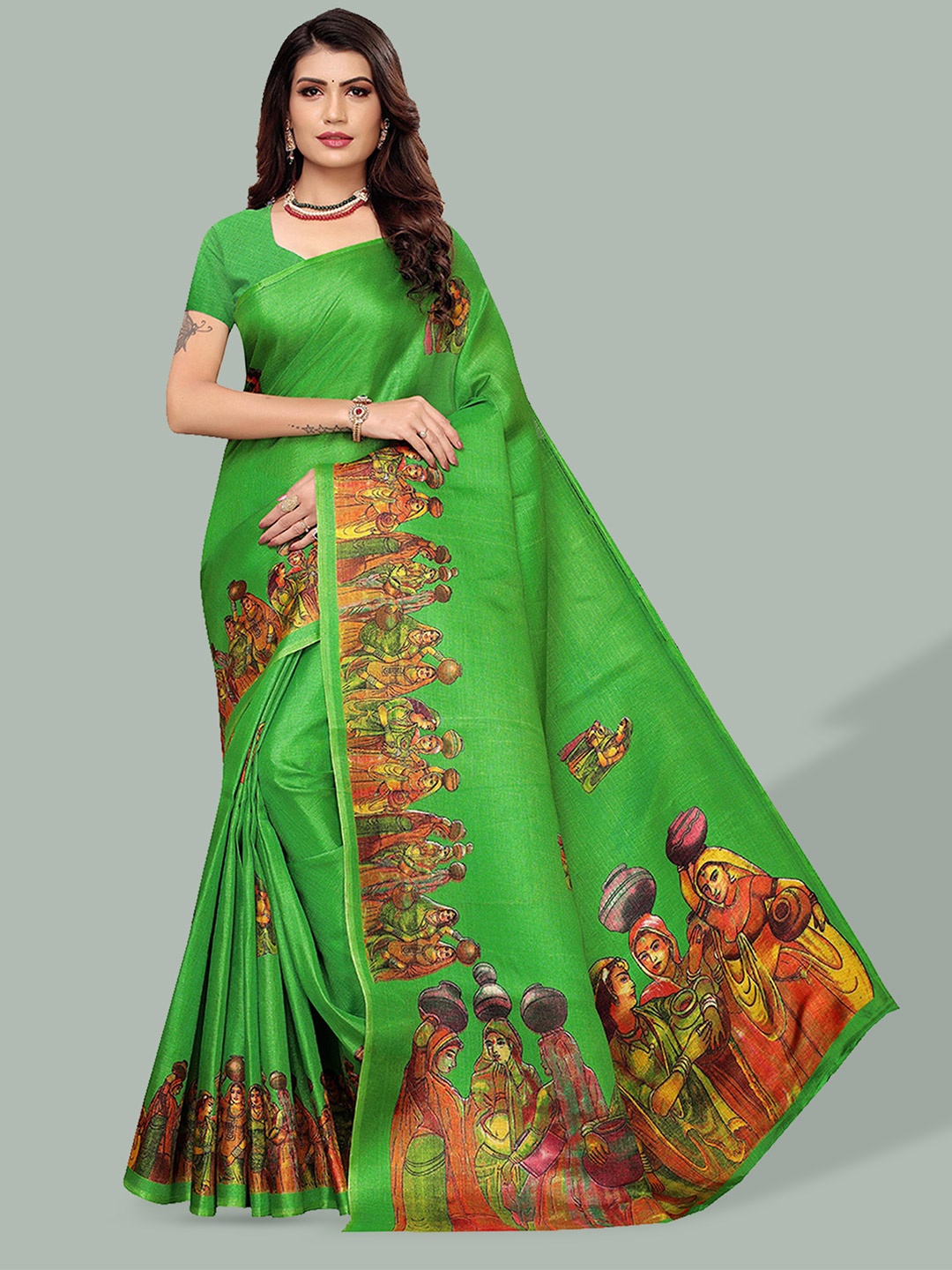 

Poshyaa Ethnic Printed Mysore Silk Saree, Green