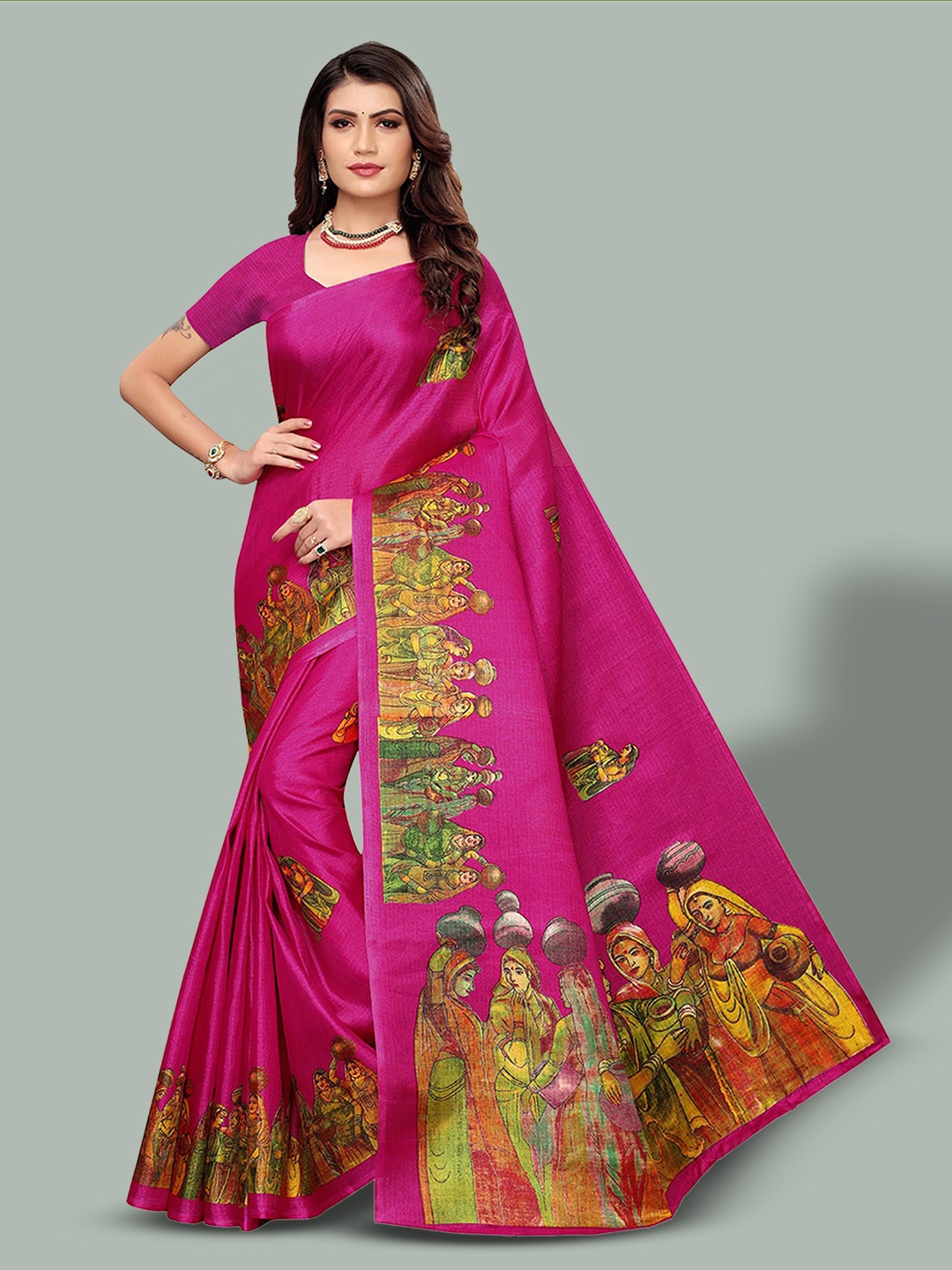 

Poshyaa Ethnic Printed Mysore Silk Saree, Pink