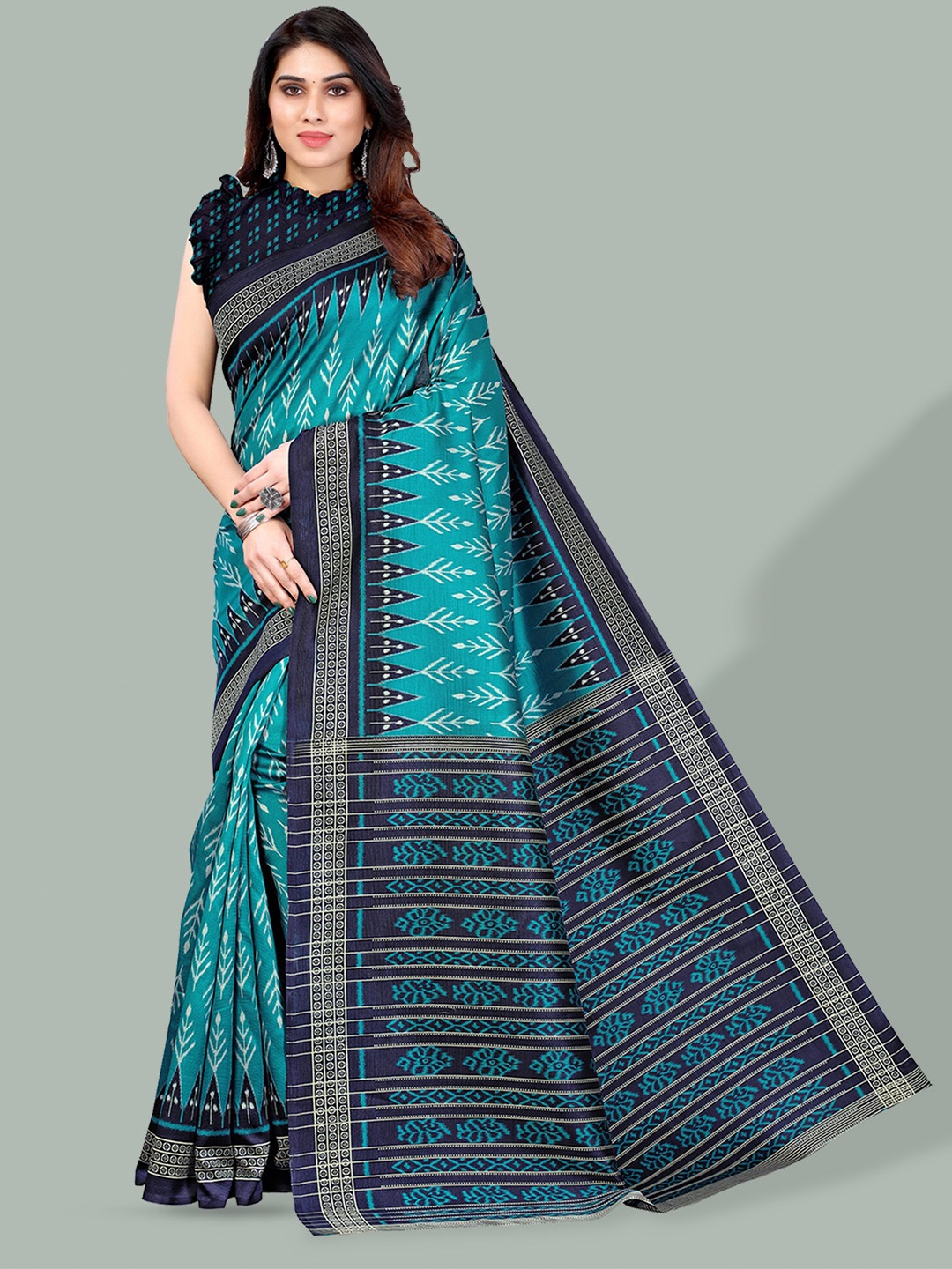 

Poshyaa Floral Printed Mysore Silk Saree, Navy blue
