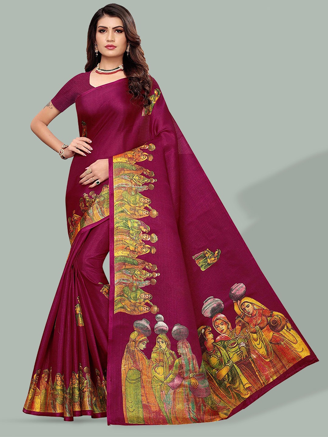 

Poshyaa Ethnic Motifs Printed Mysore Silk Saree, Purple