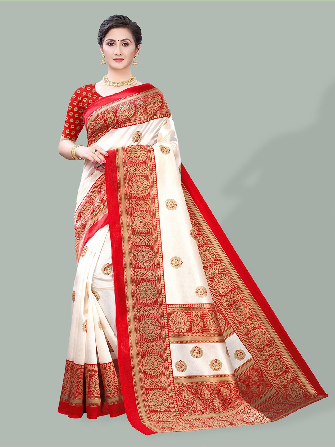 

Poshyaa Ethnic Printed Mysore Silk Saree, White