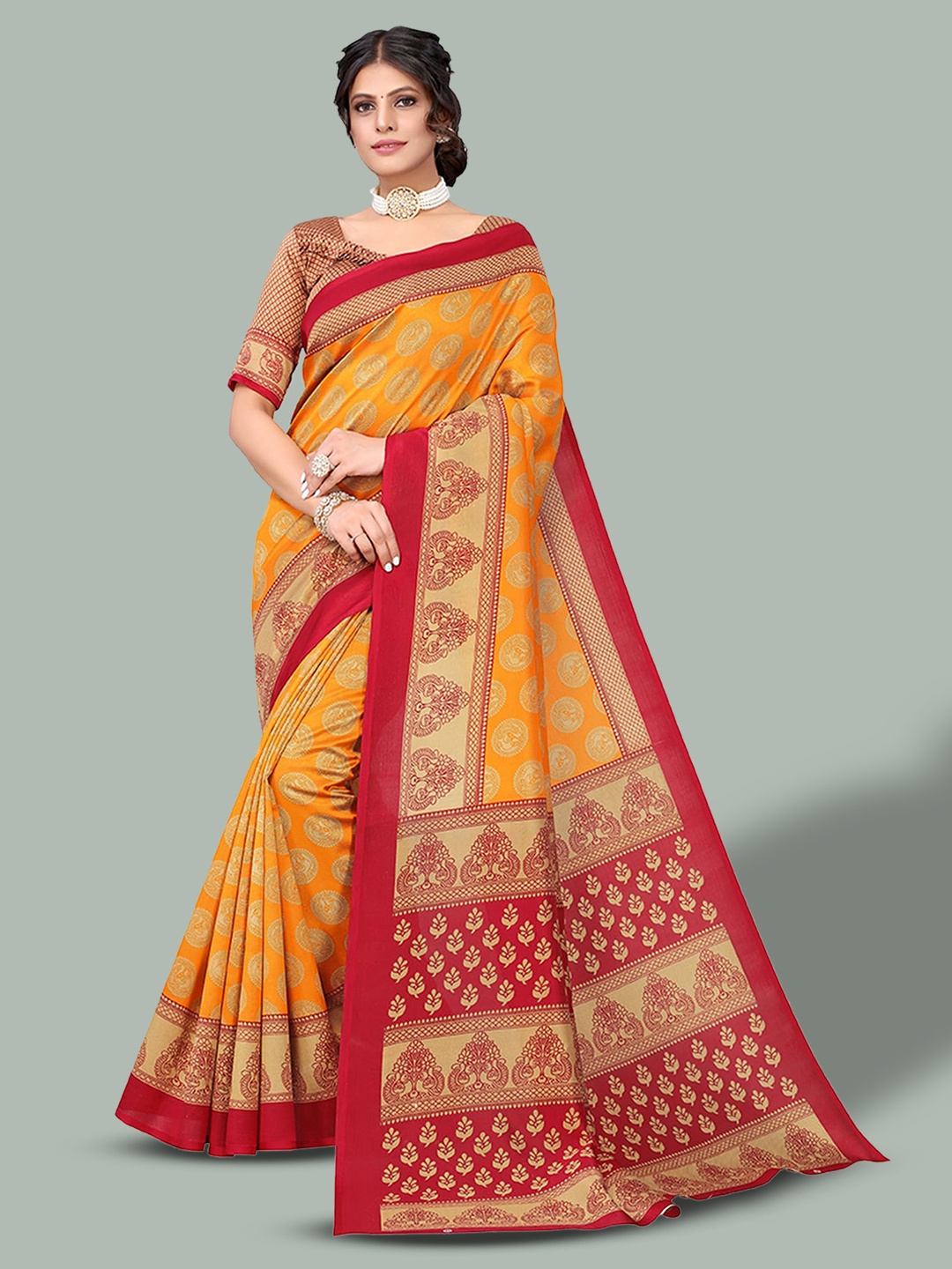 

Poshyaa Ethnic Printed Mysore Silk Saree, Mustard