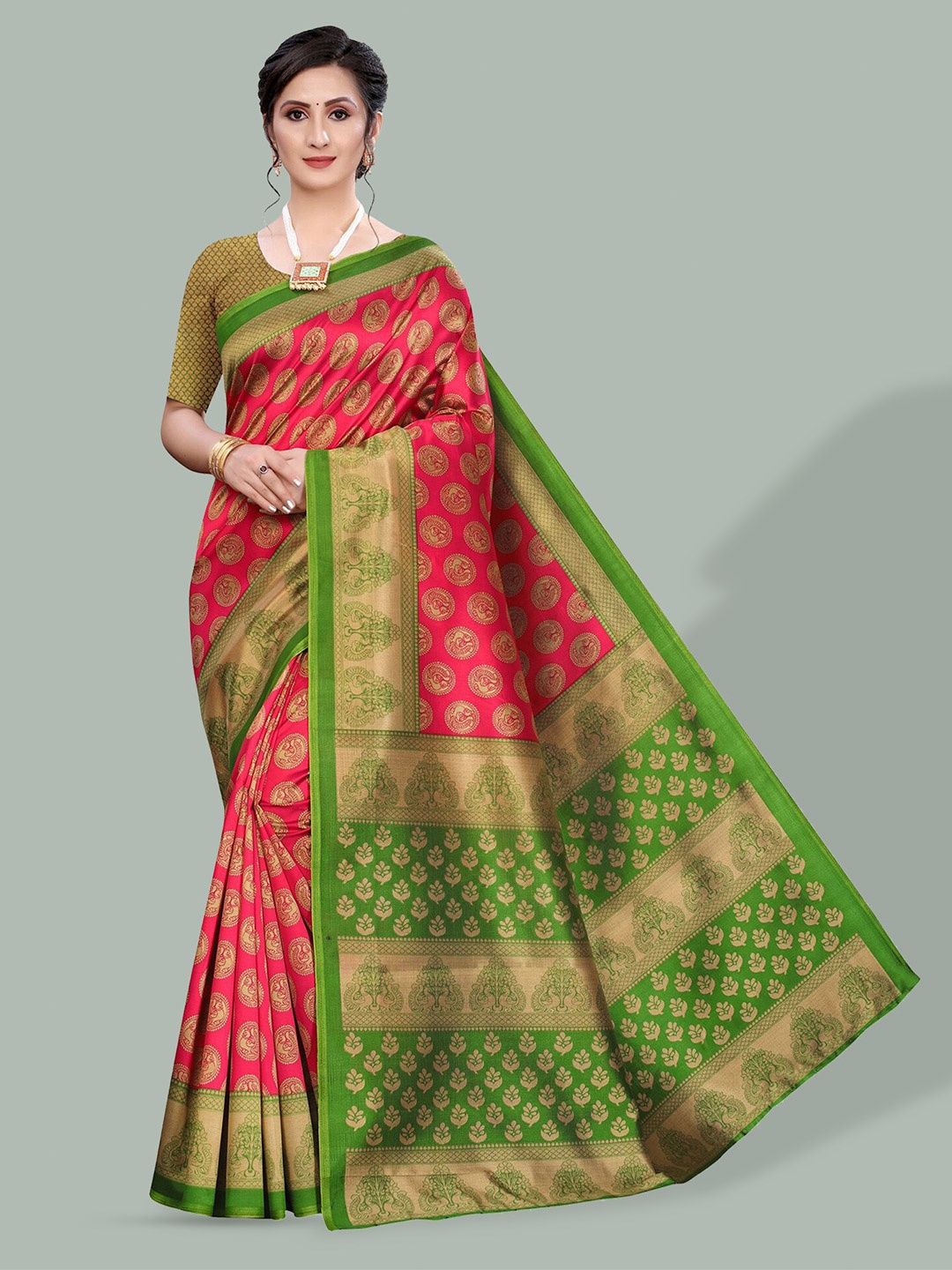 

Poshyaa Ethnic Motifs Printed Mysore Silk Saree, Red