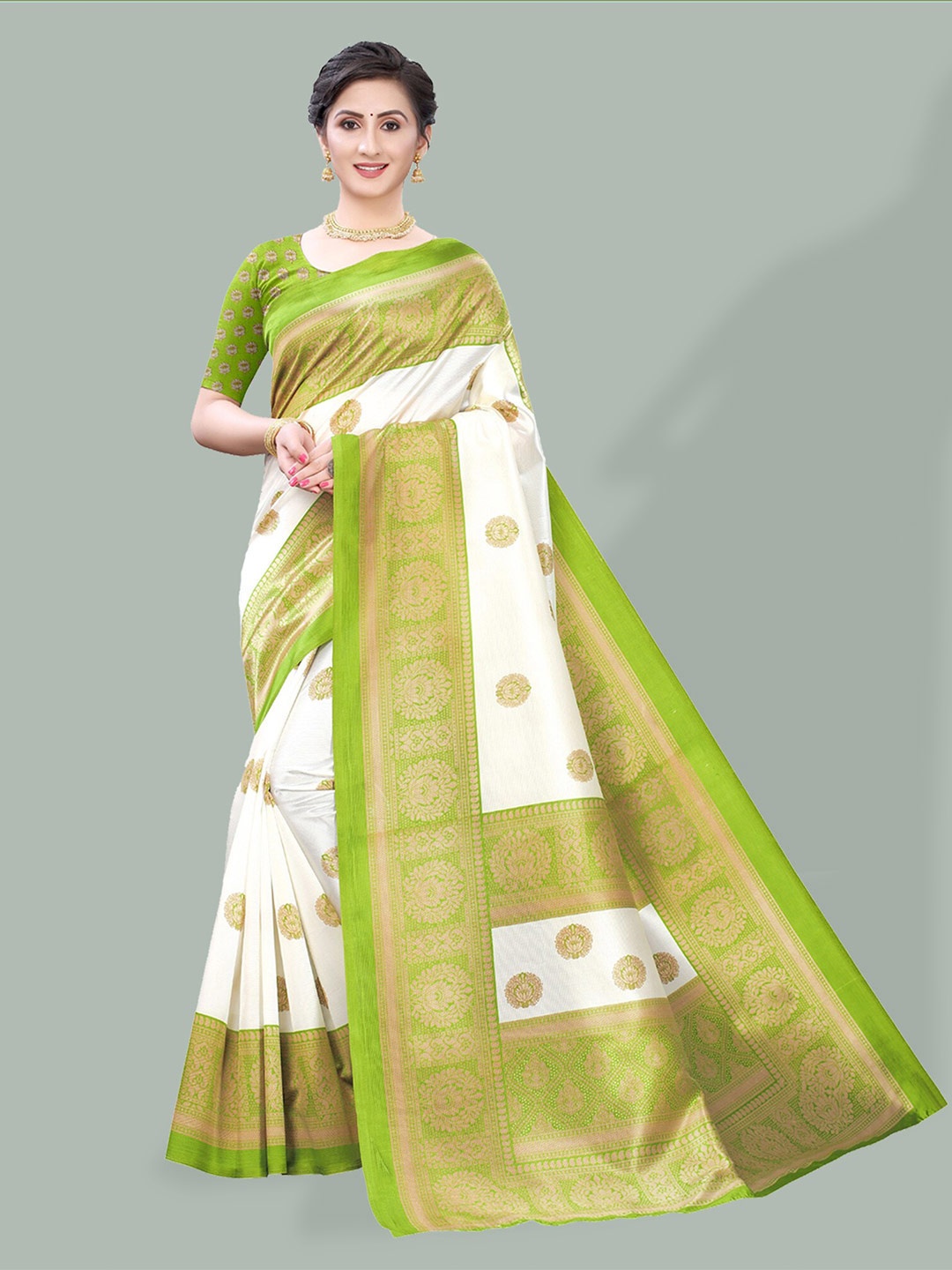 

Poshyaa Ethnic Printed Mysore Silk Saree, Green
