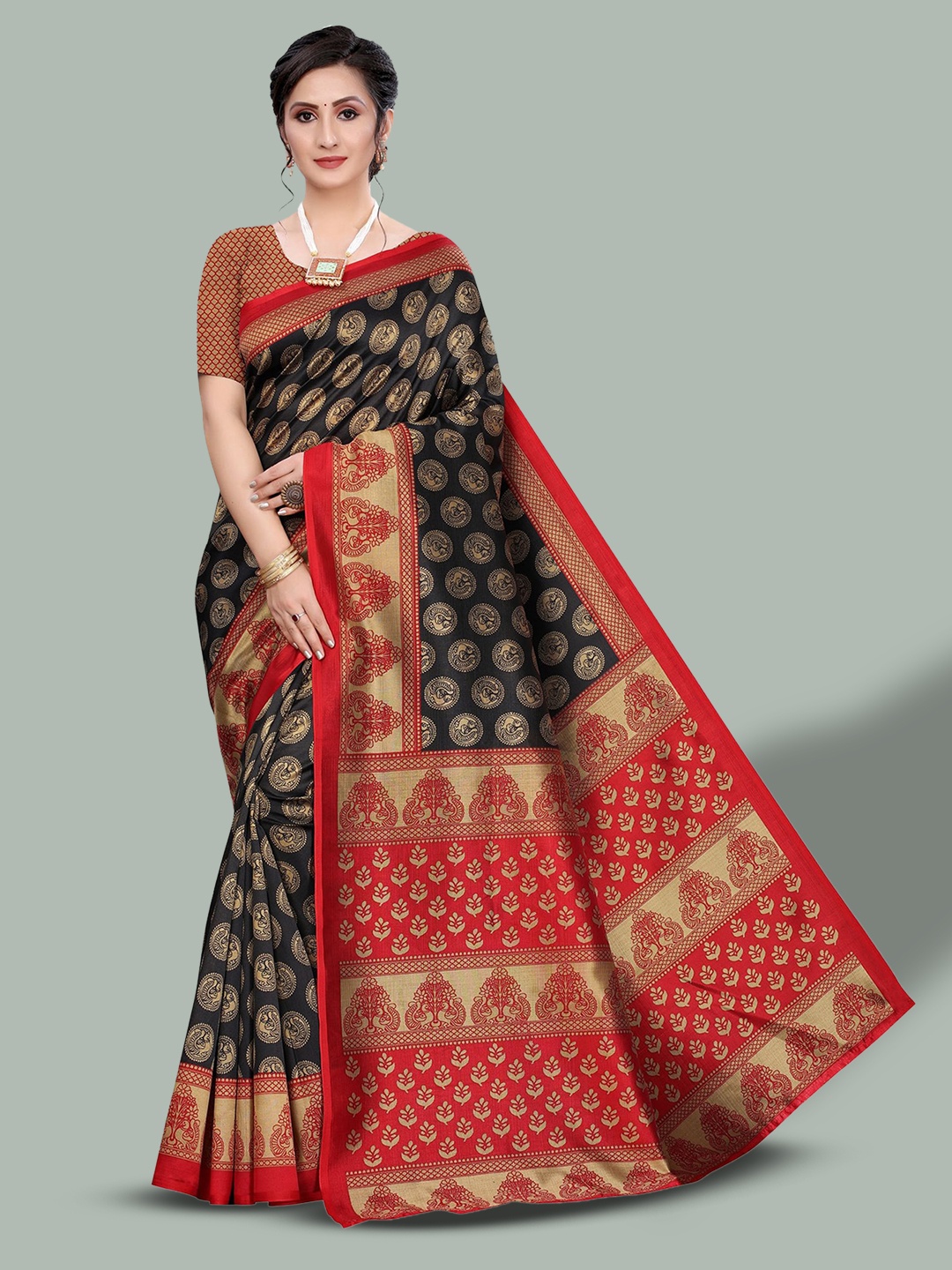

Poshyaa Ethnic Printed Mysore Silk Saree, Black