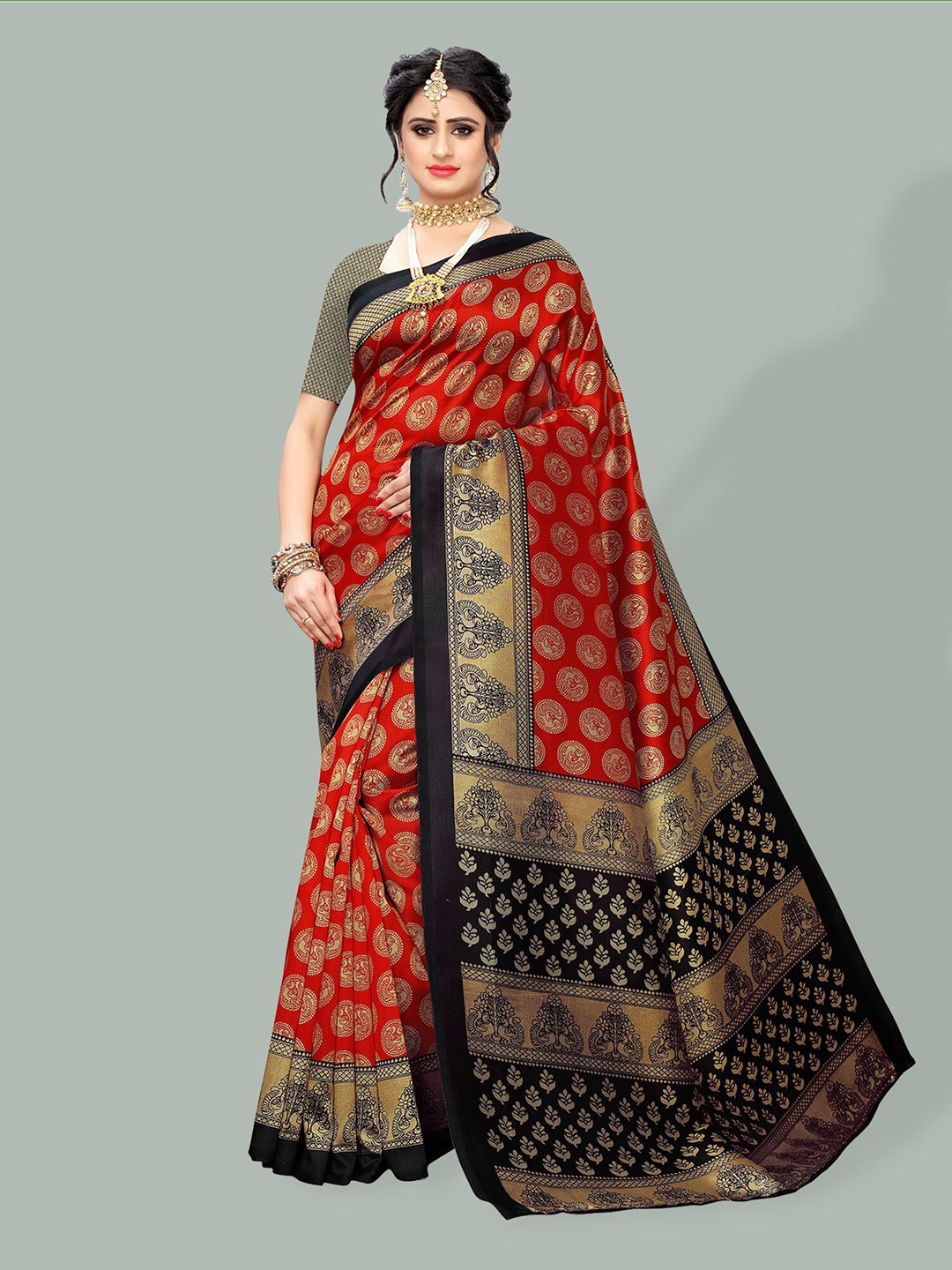 

Poshyaa Ethnic Printed Mysore Silk Saree, Red