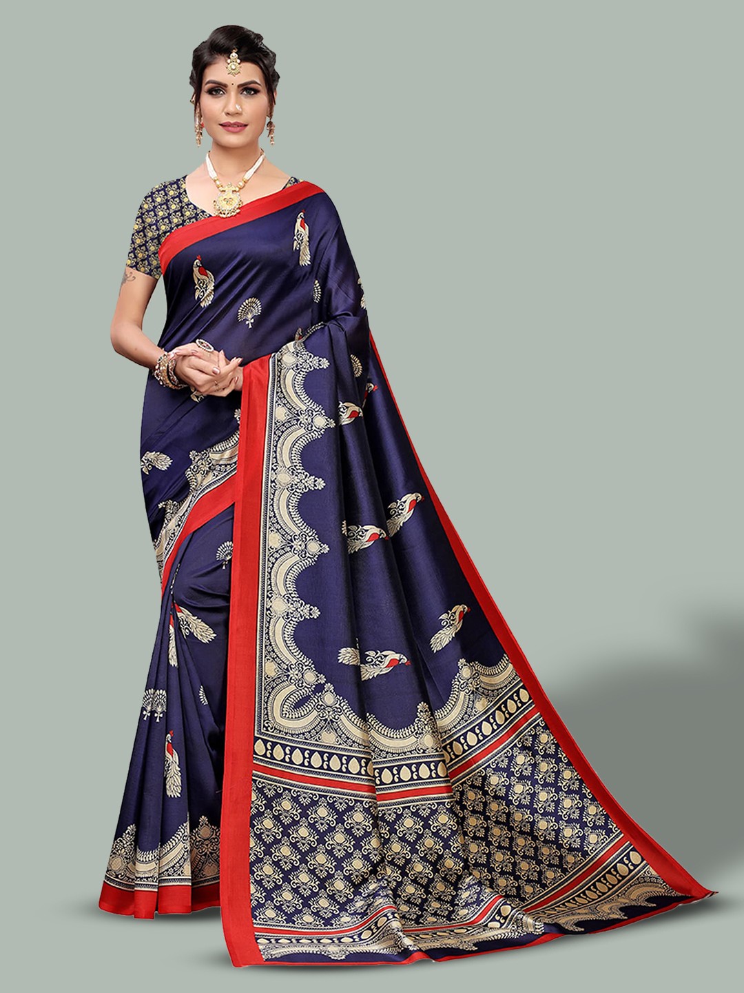 

Poshyaa Ethnic Motifs Printed Mysore Silk Saree, Blue