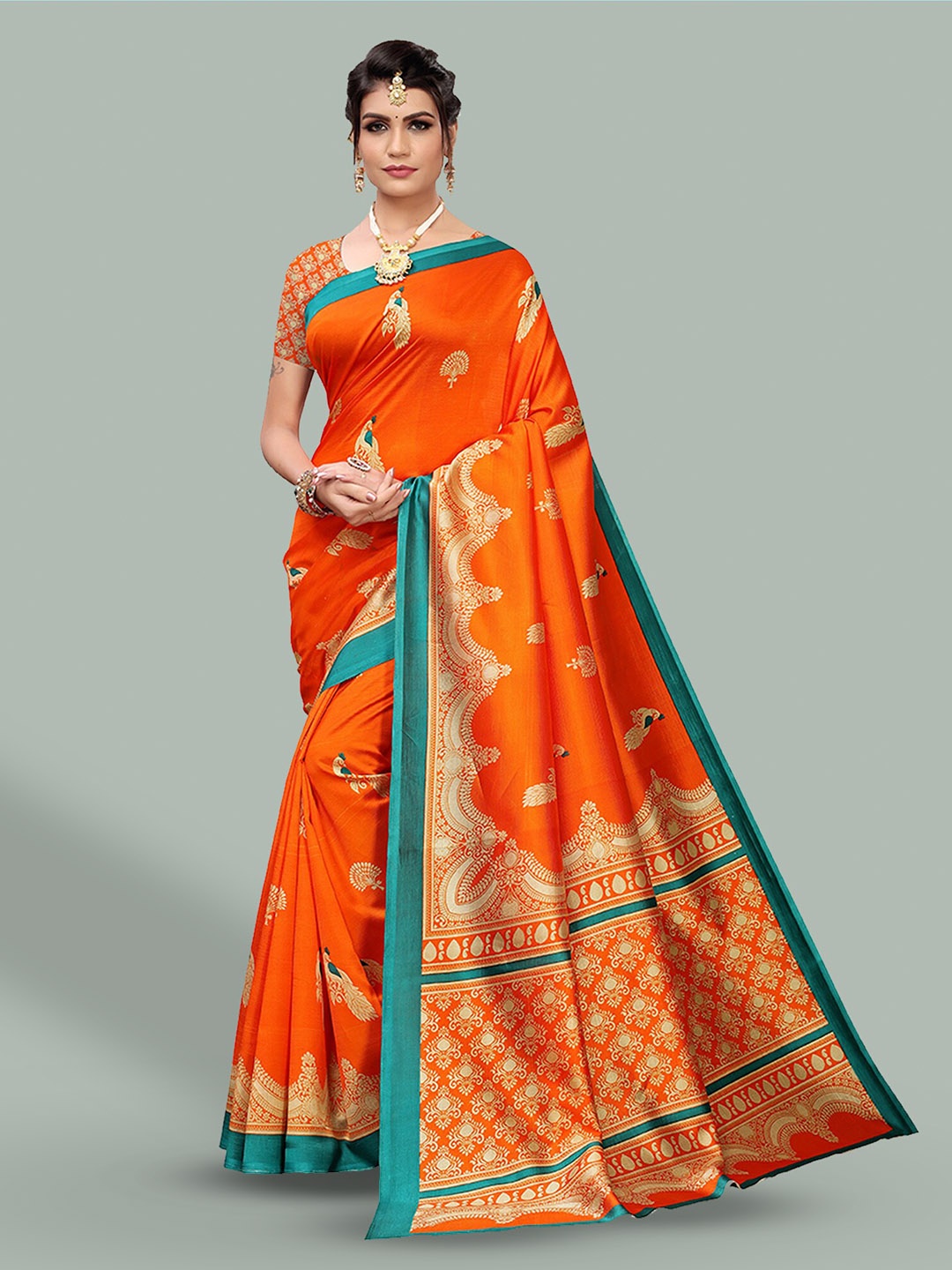 

Poshyaa Ethnic Printed Mysore Silk Saree, Orange