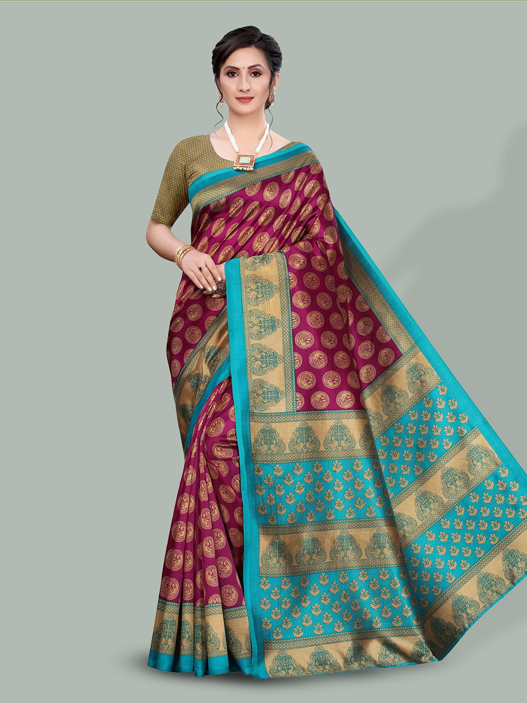 

Poshyaa Ethnic Motifs Printed Mysore Silk Saree, Maroon