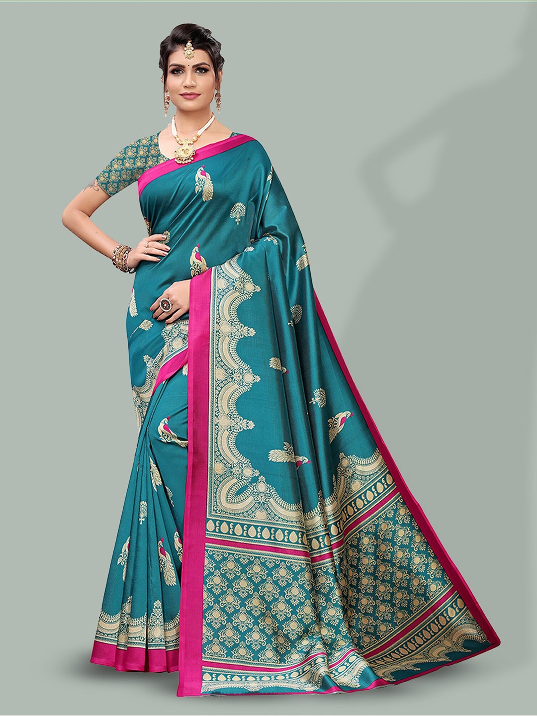 

Poshyaa Ethnic Printed Mysore Silk Saree, Green
