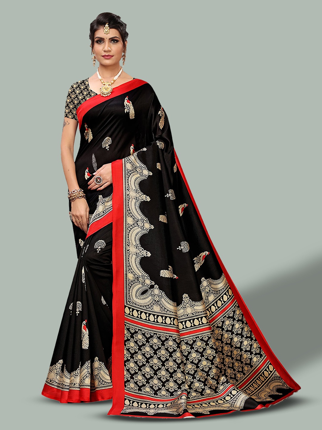 

Poshyaa Ethnic Printed Mysore Silk Saree, Black