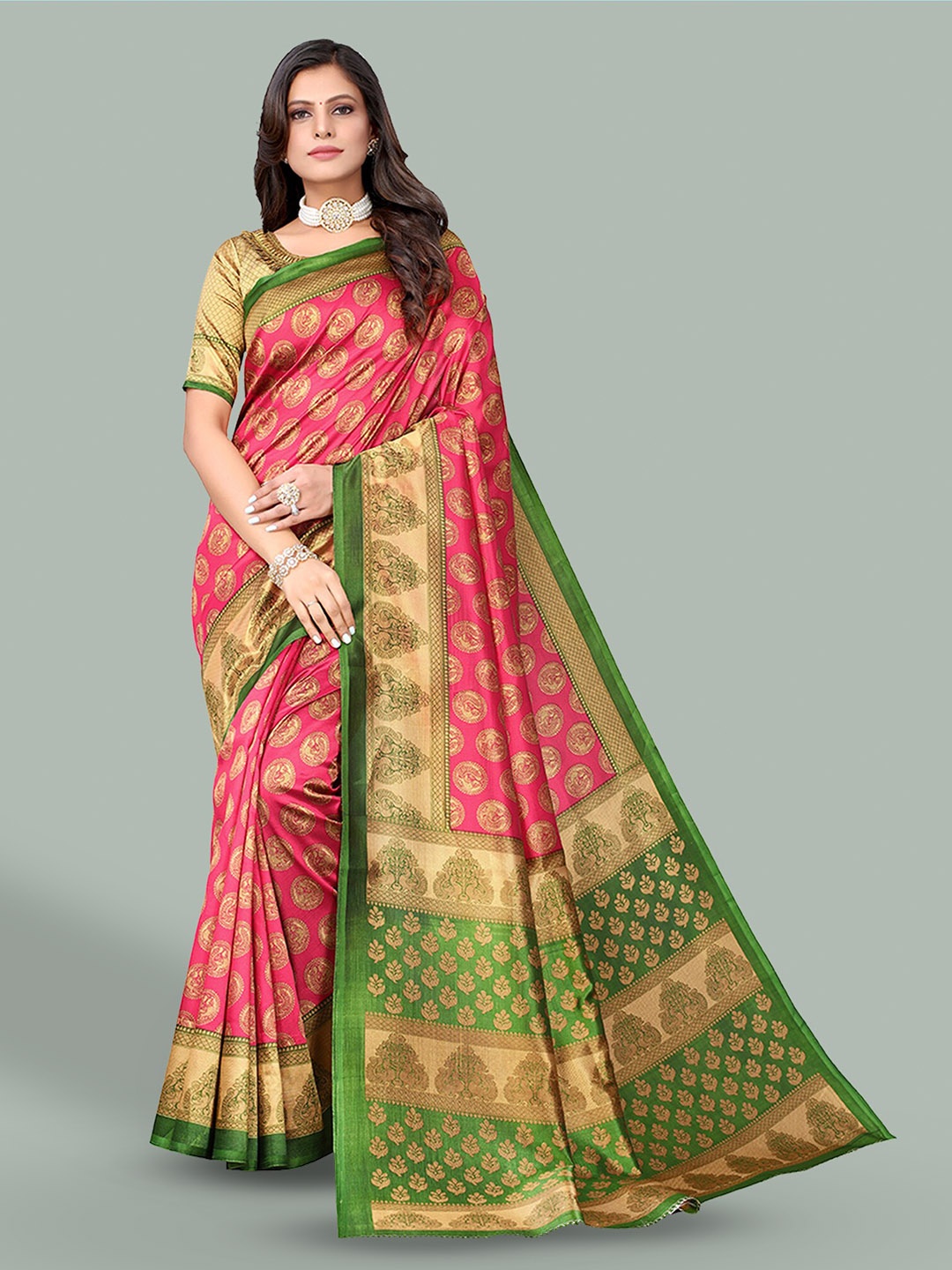 

Poshyaa Ethnic Motifs Printed Mysore Silk Saree, Pink