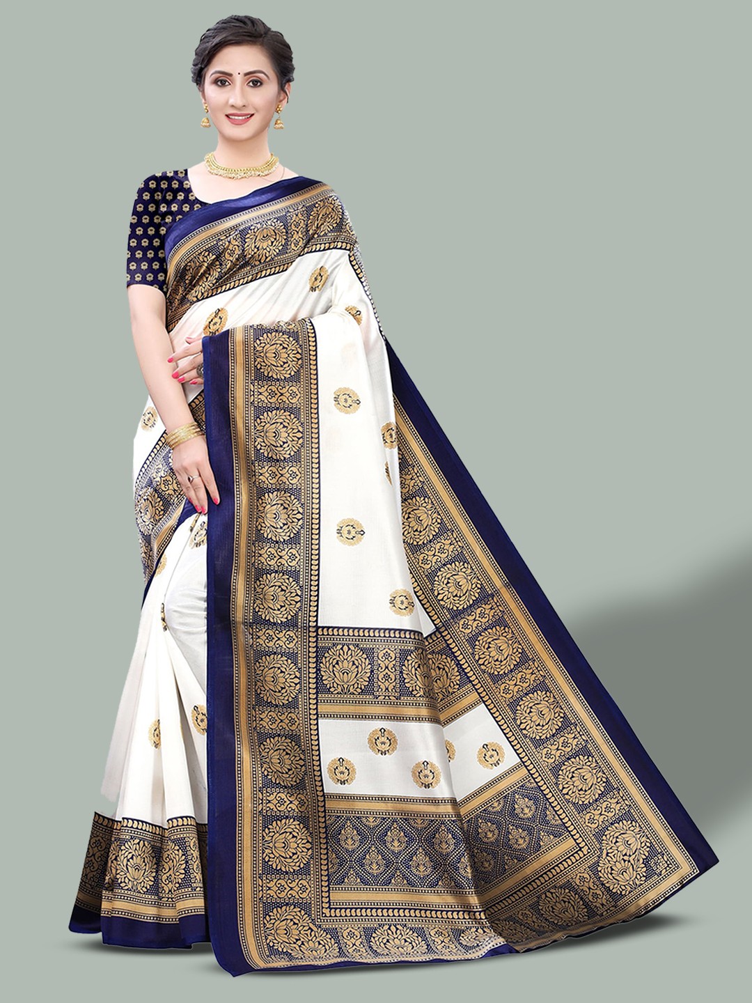 

Poshyaa Ethnic Printed Mysore Silk Saree, Navy blue