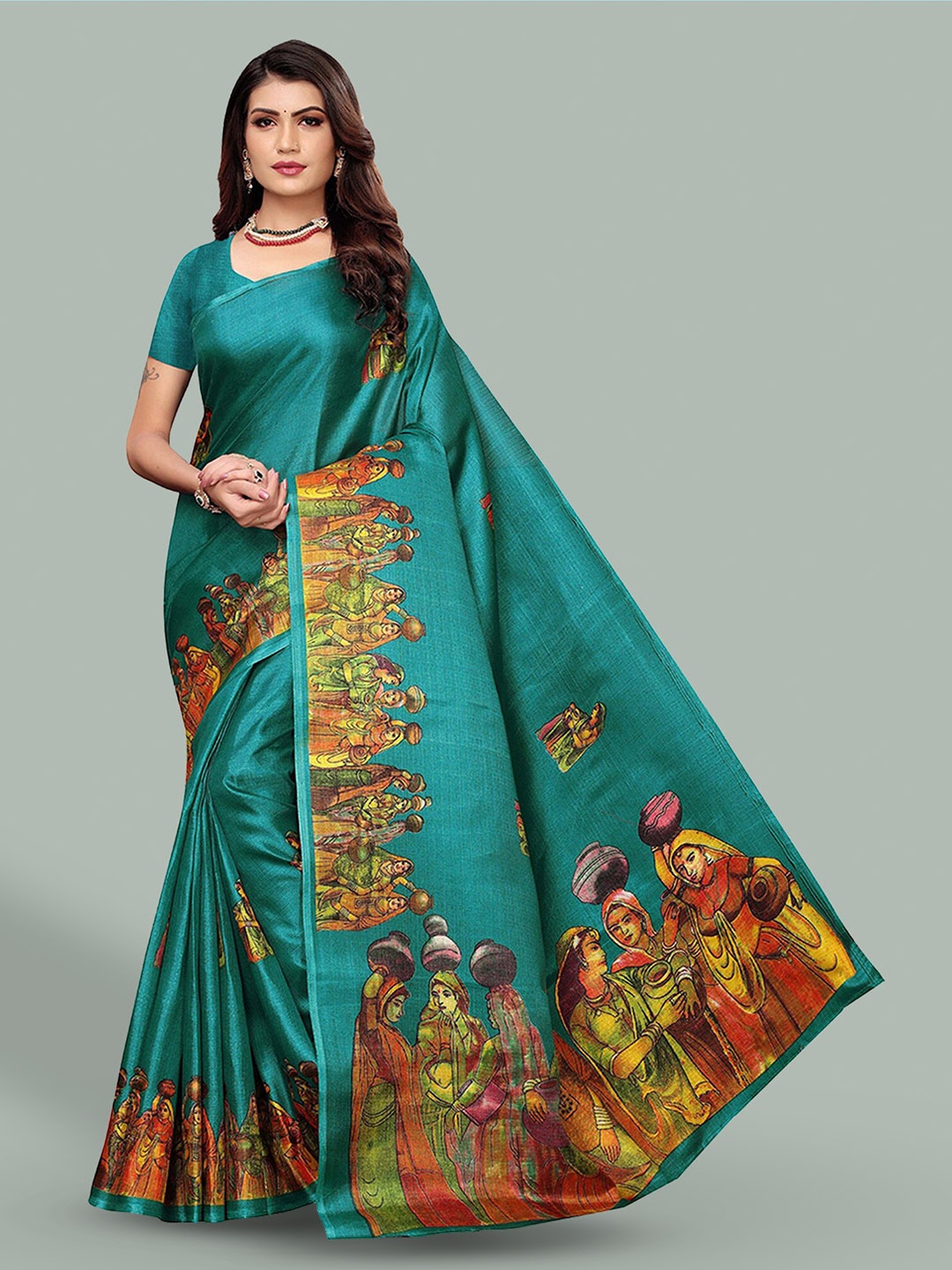 

Poshyaa Ethnic Motifs Printed Mysore Silk Saree, Teal