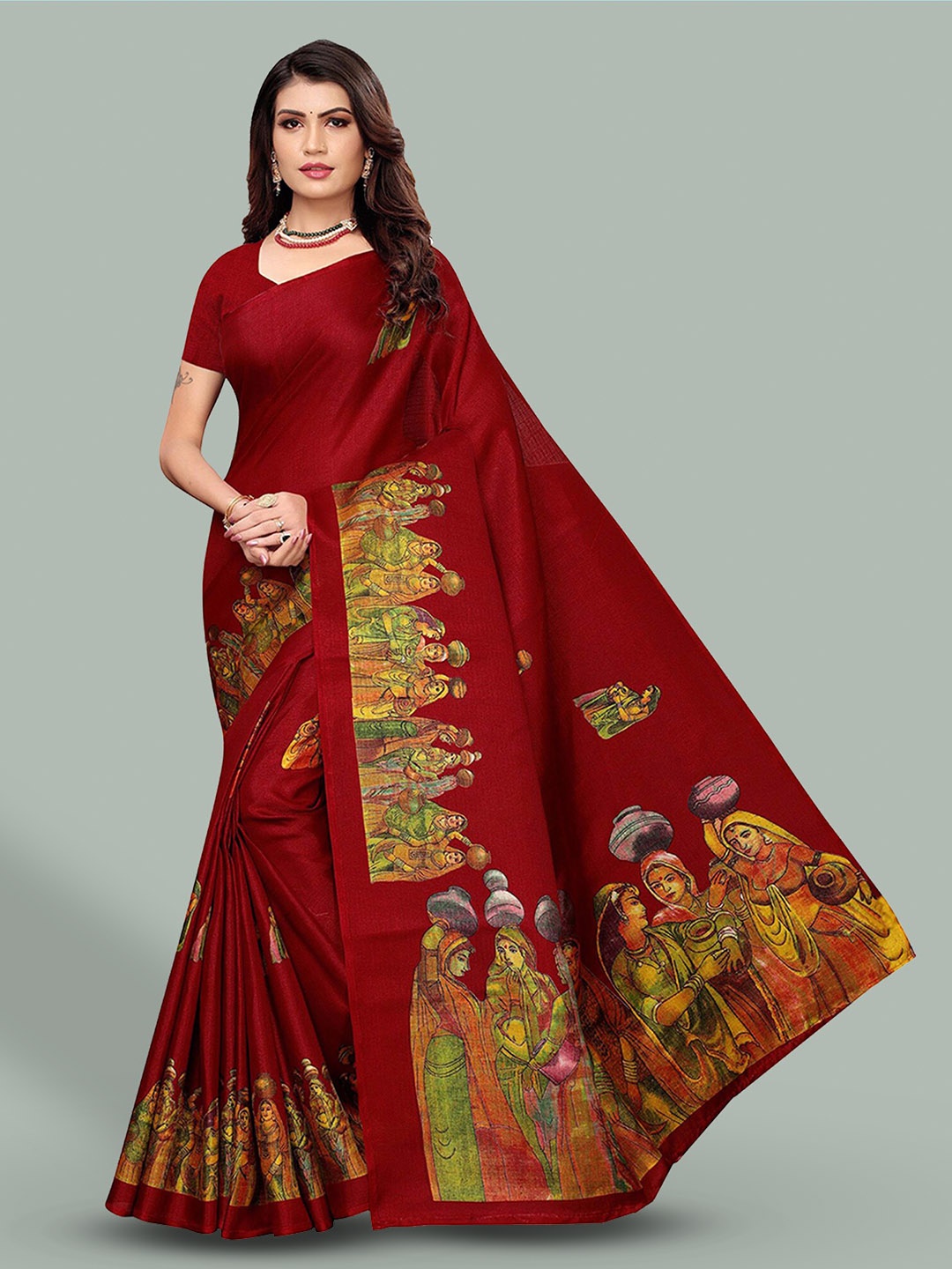 

Poshyaa Ethnic Printed Mysore Silk Saree, Maroon
