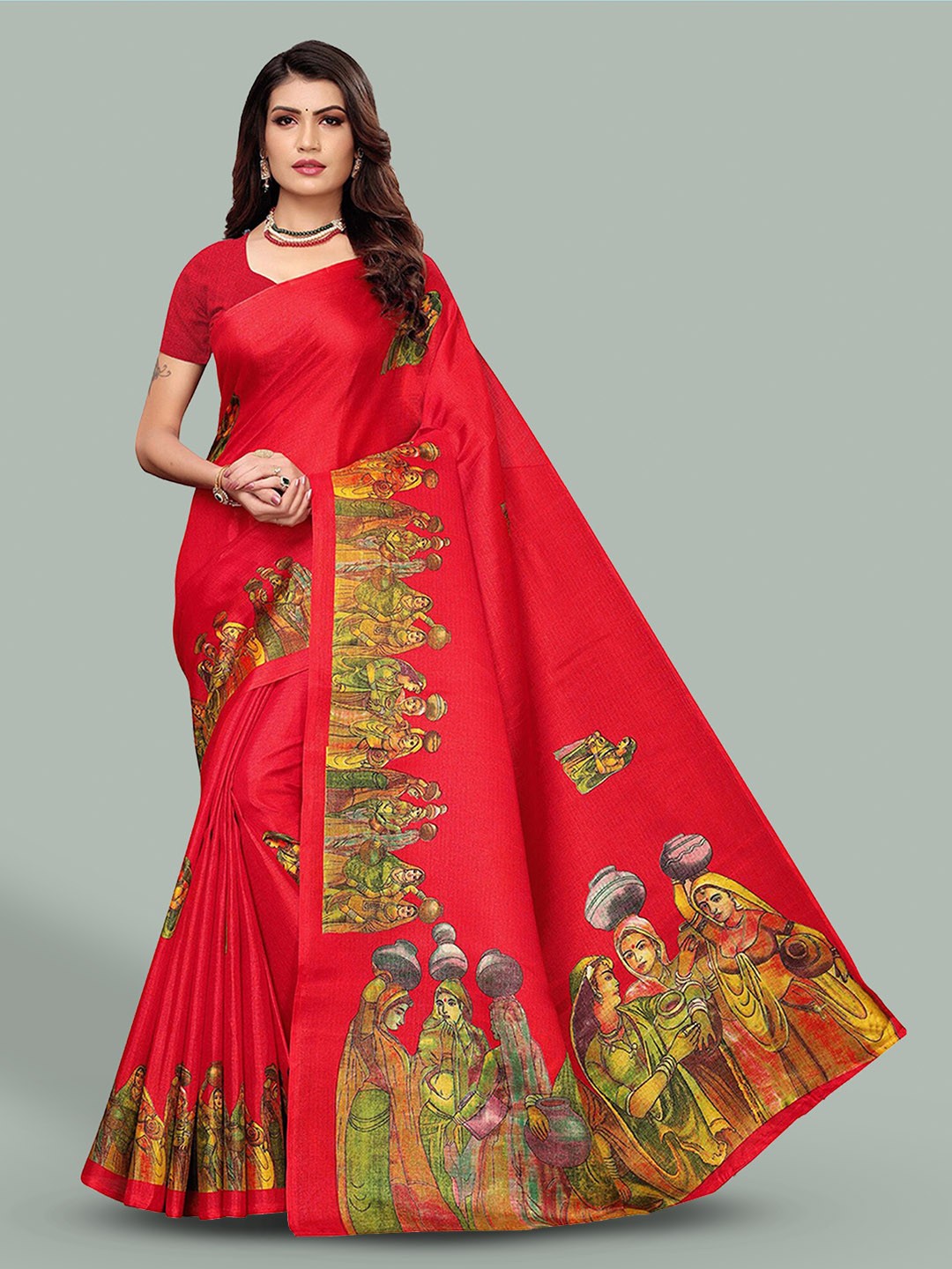 

Poshyaa Ethnic Motifs Printed Mysore Silk Saree, Red
