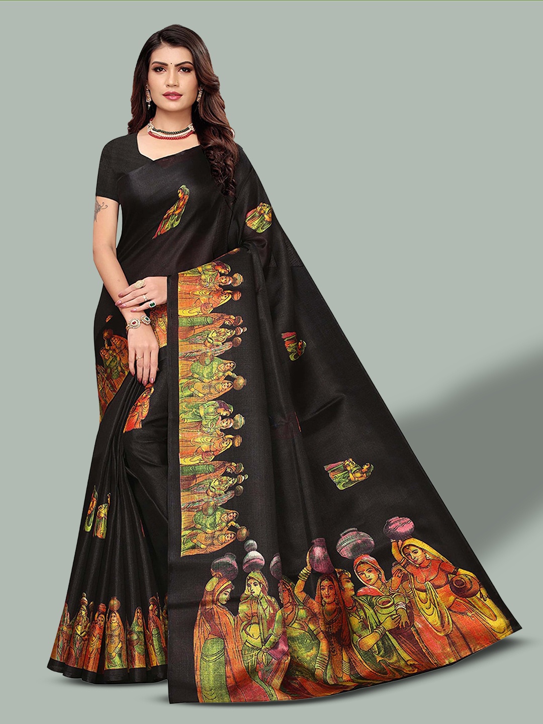 

Poshyaa Ethnic Printed Mysore Silk Saree, Black